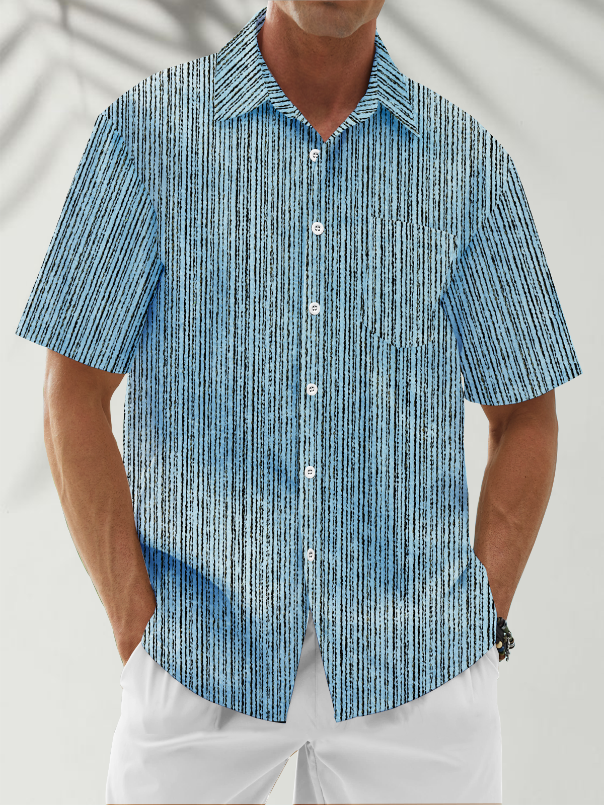 Moisture Wicking Stripes Textured Chest Pocket Casual Shirts