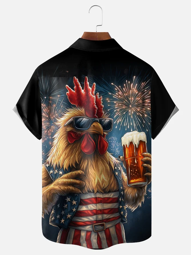 Tall Size Moisture-wicking American Flag Rooster Beer Chest Pocket Casual Shirt