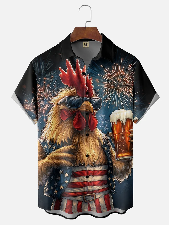 Tall Size Moisture-wicking American Flag Rooster Beer Chest Pocket Casual Shirt