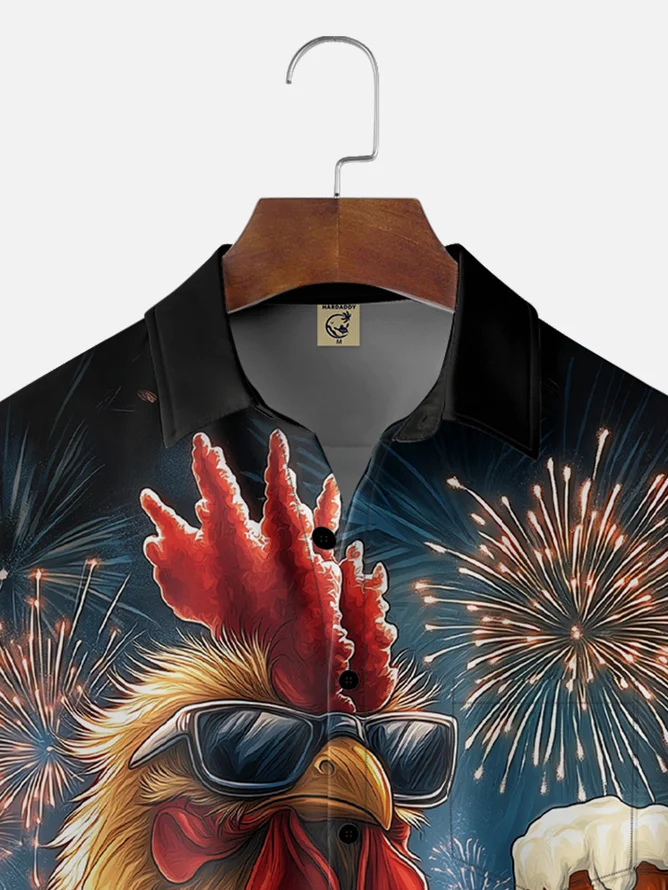 Tall Size Moisture-wicking American Flag Rooster Beer Chest Pocket Casual Shirt