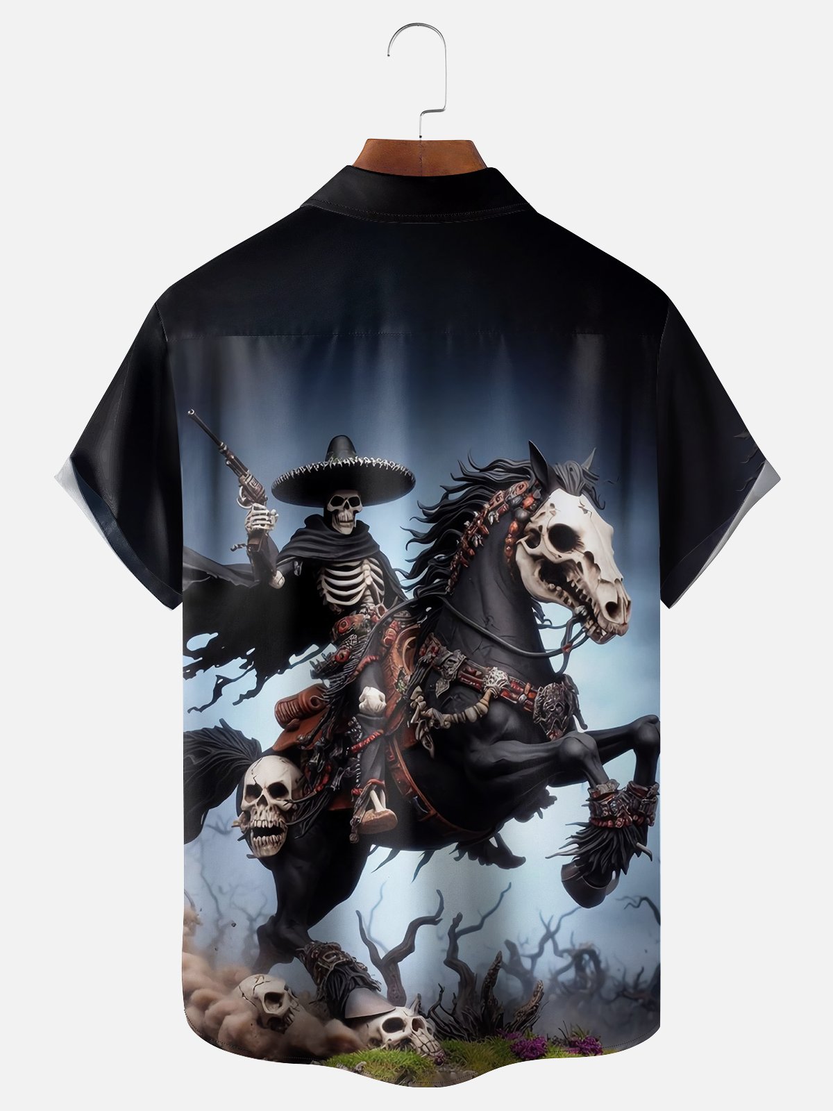 Moisture-wicking Cinco de Mayo Skeleton Horse Rider Chest Pocket Casual Shirt
