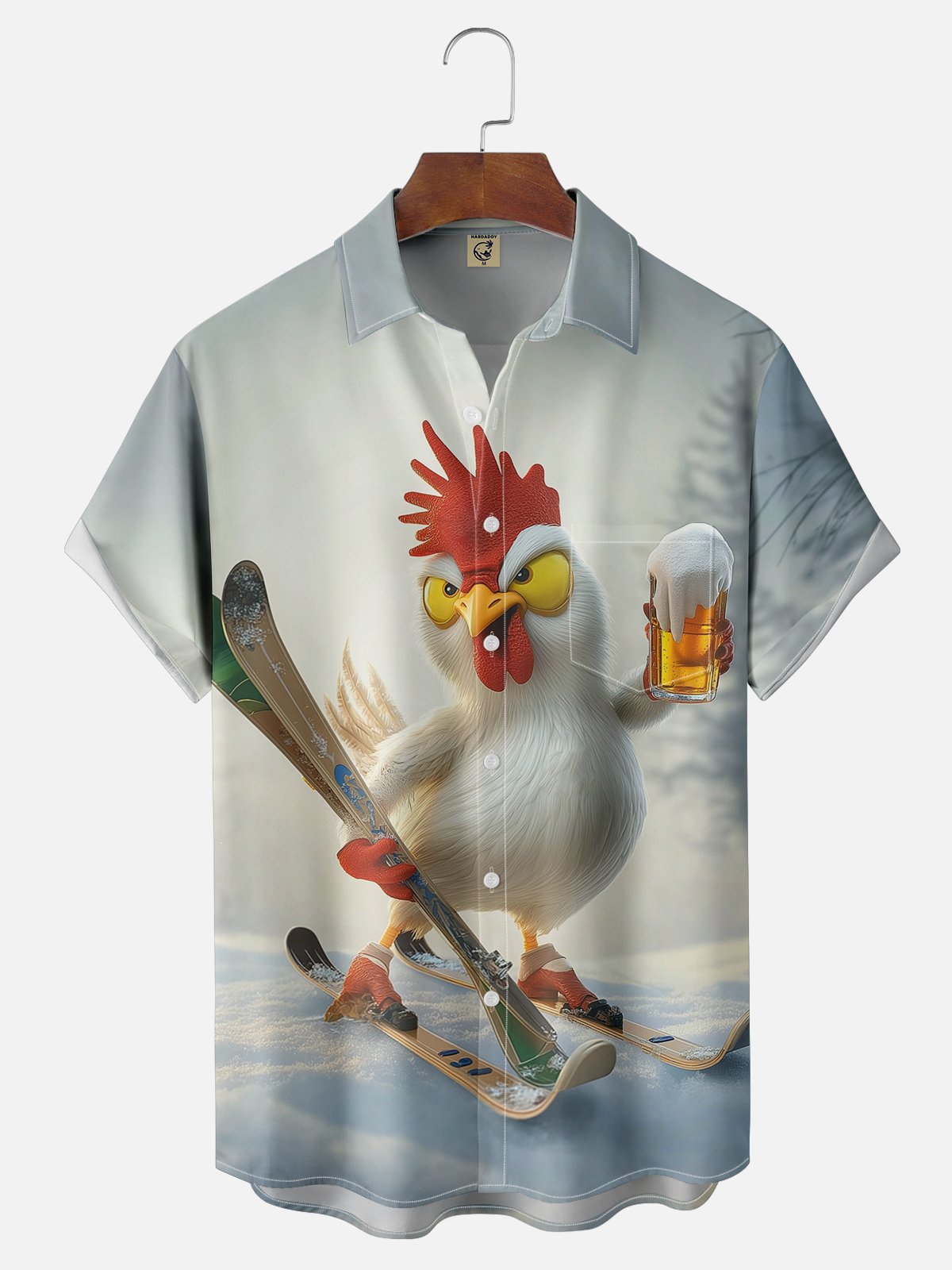 Moisture-wicking Kung Fu Ski Beer Chicken Rooster Chest Pocket Casual Shirt