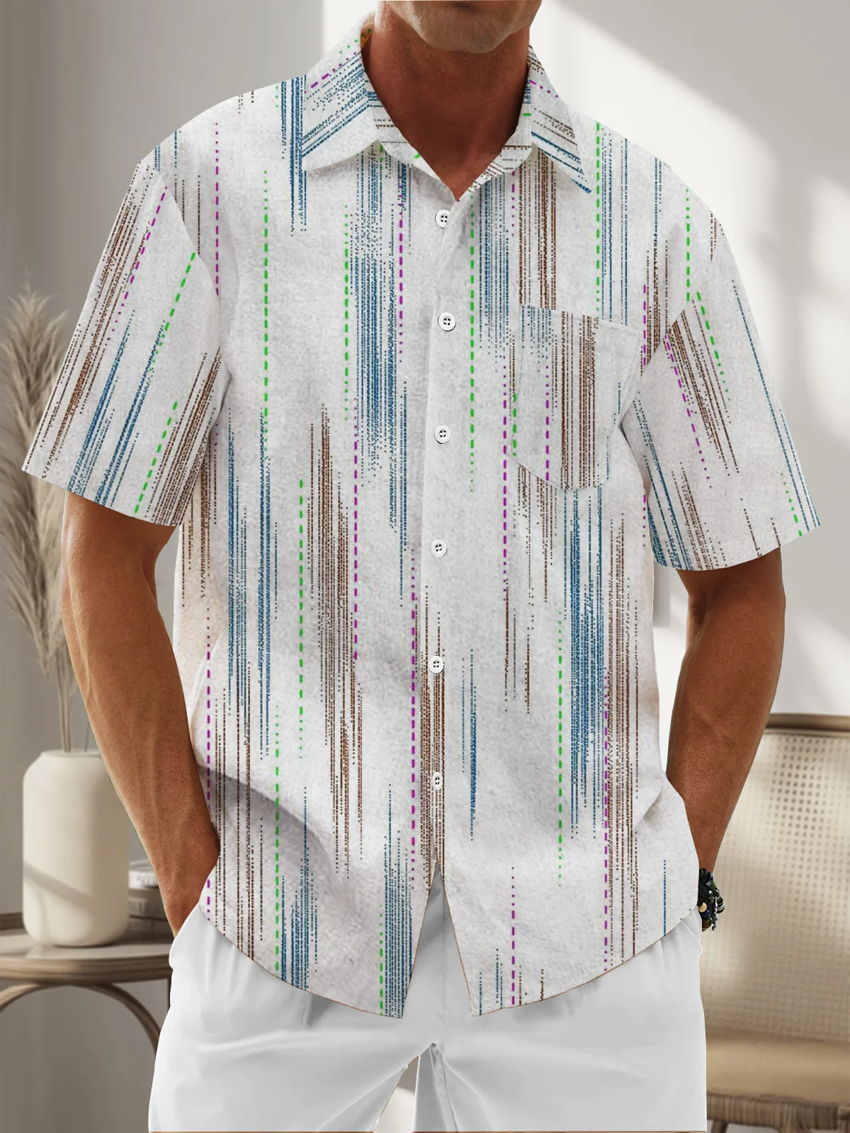 Moisture Wicking Geometric Lines Chest Pocket Hawaiian Shirt