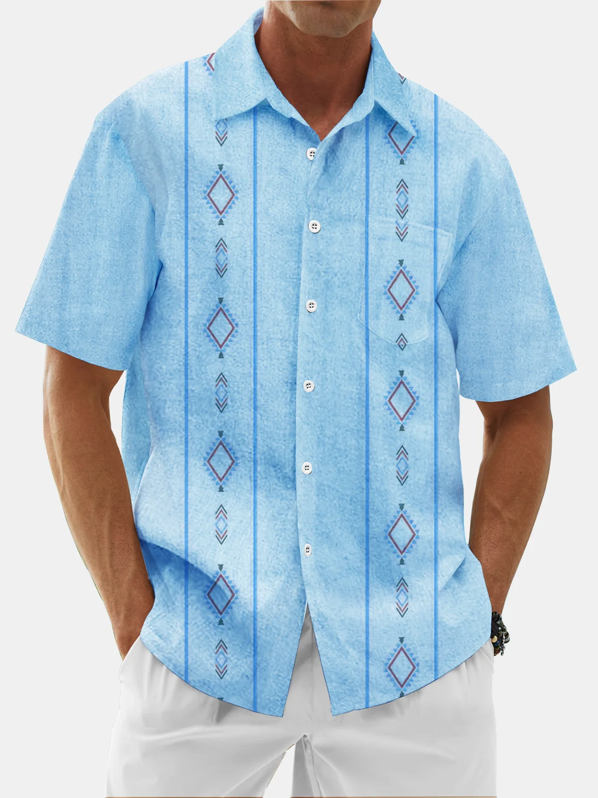 Moisture Wicking Geometric Stripes Chest Pocket Guayabera Shirt