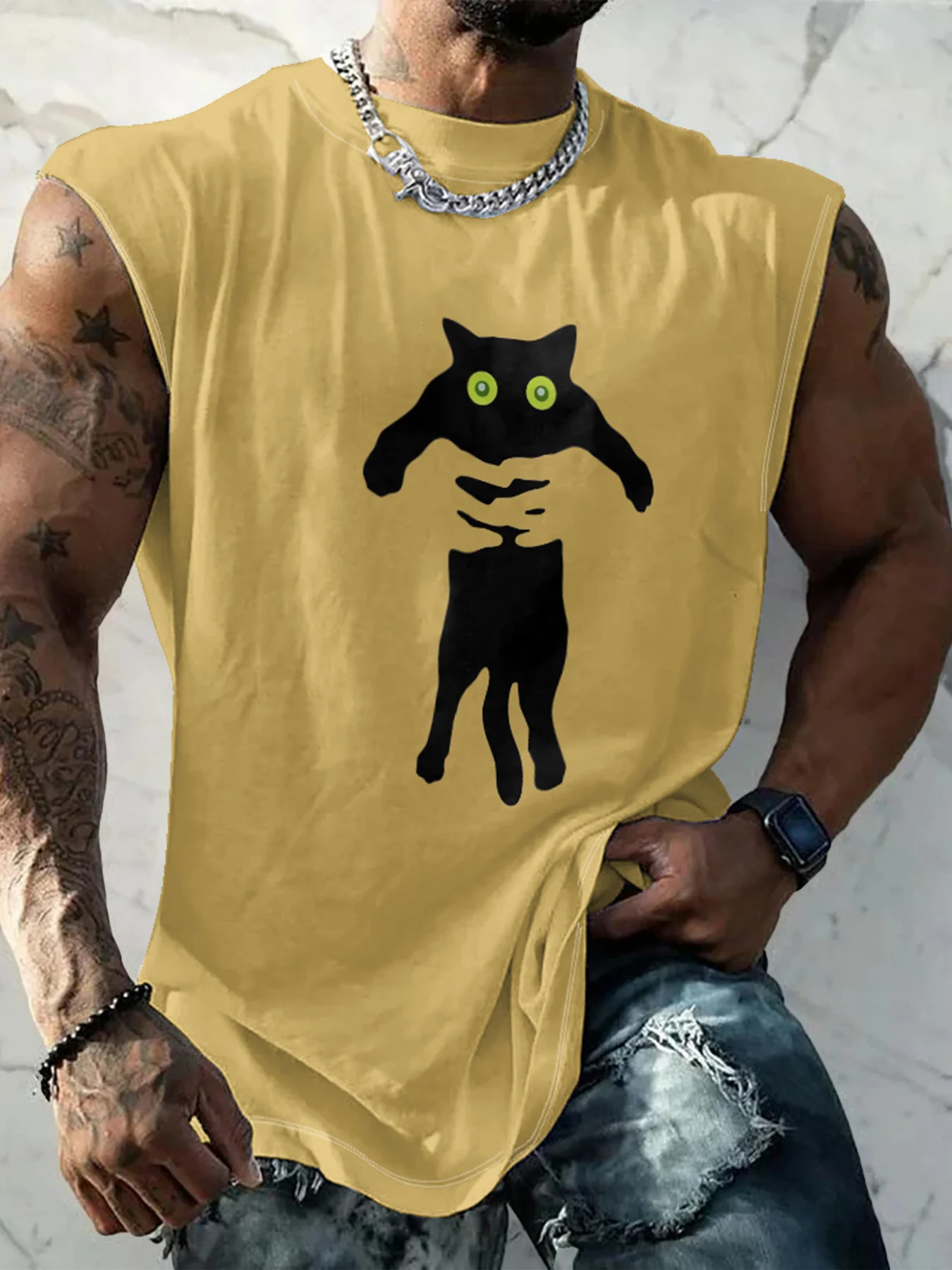 Mens Crewneck Tank Tops Black Cat Beach Sleeveless Shirt