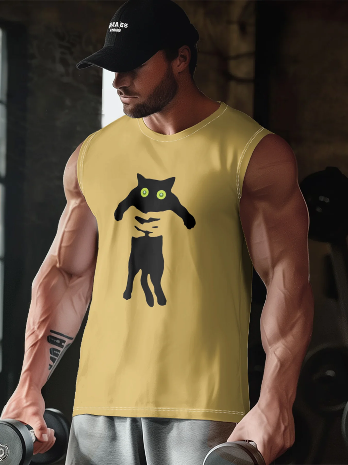 Mens Crewneck Tank Tops Black Cat Beach Sleeveless Shirt