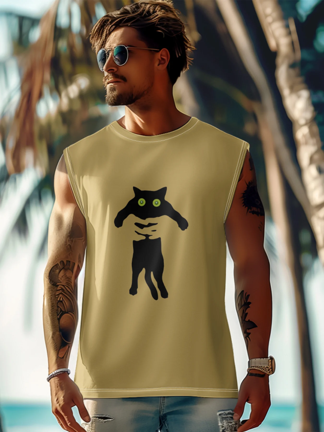 Mens Crewneck Tank Tops Black Cat Beach Sleeveless Shirt