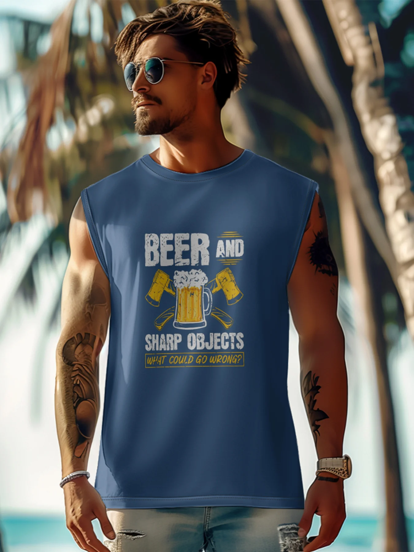 Mens Crewneck Tank Tops Beer Sharp Object Beach Sleeveless Shirt