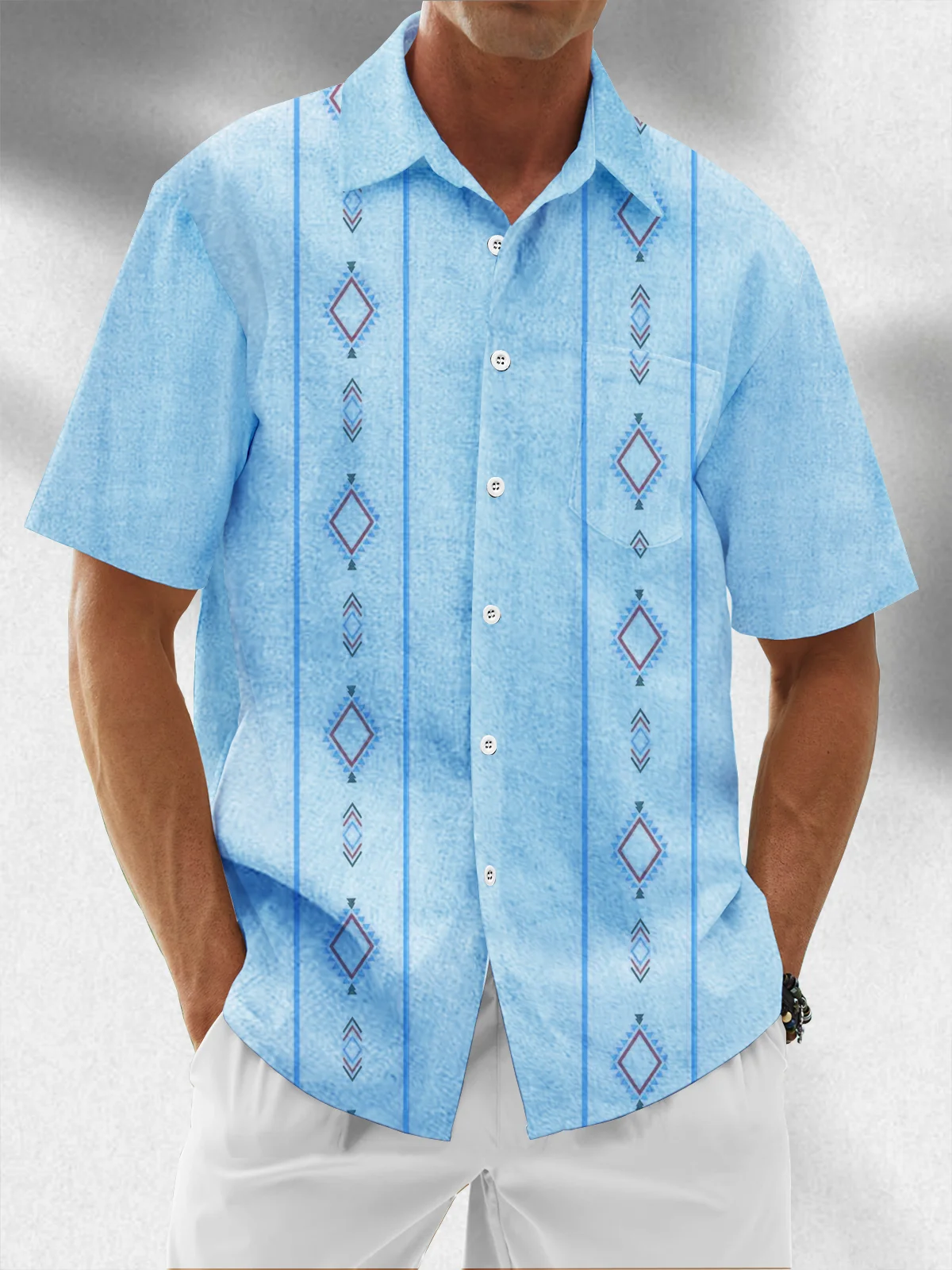 Moisture Wicking Geometric Stripes Chest Pocket Guayabera Shirt