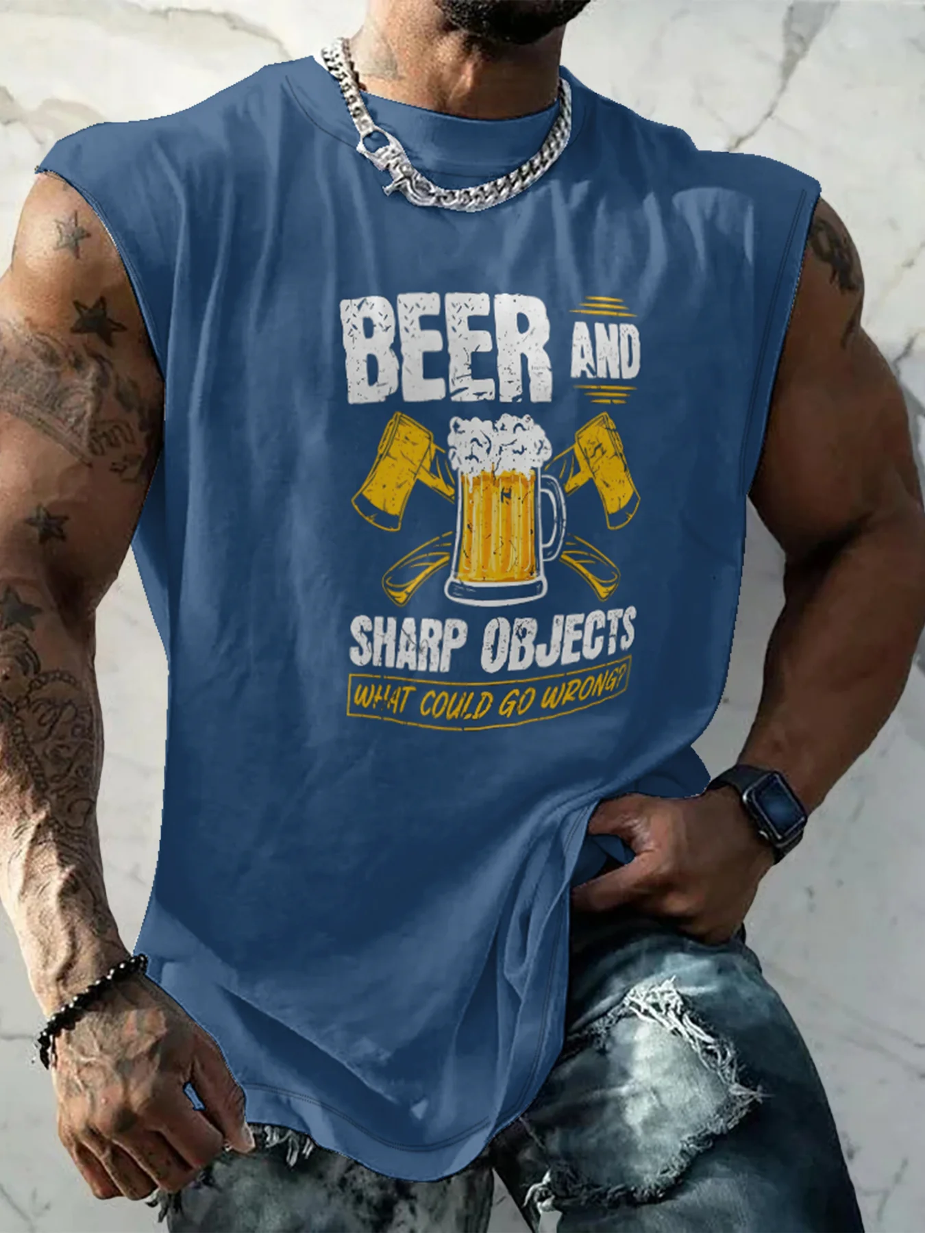 Mens Crewneck Tank Tops Beer Sharp Object Beach Sleeveless Shirt