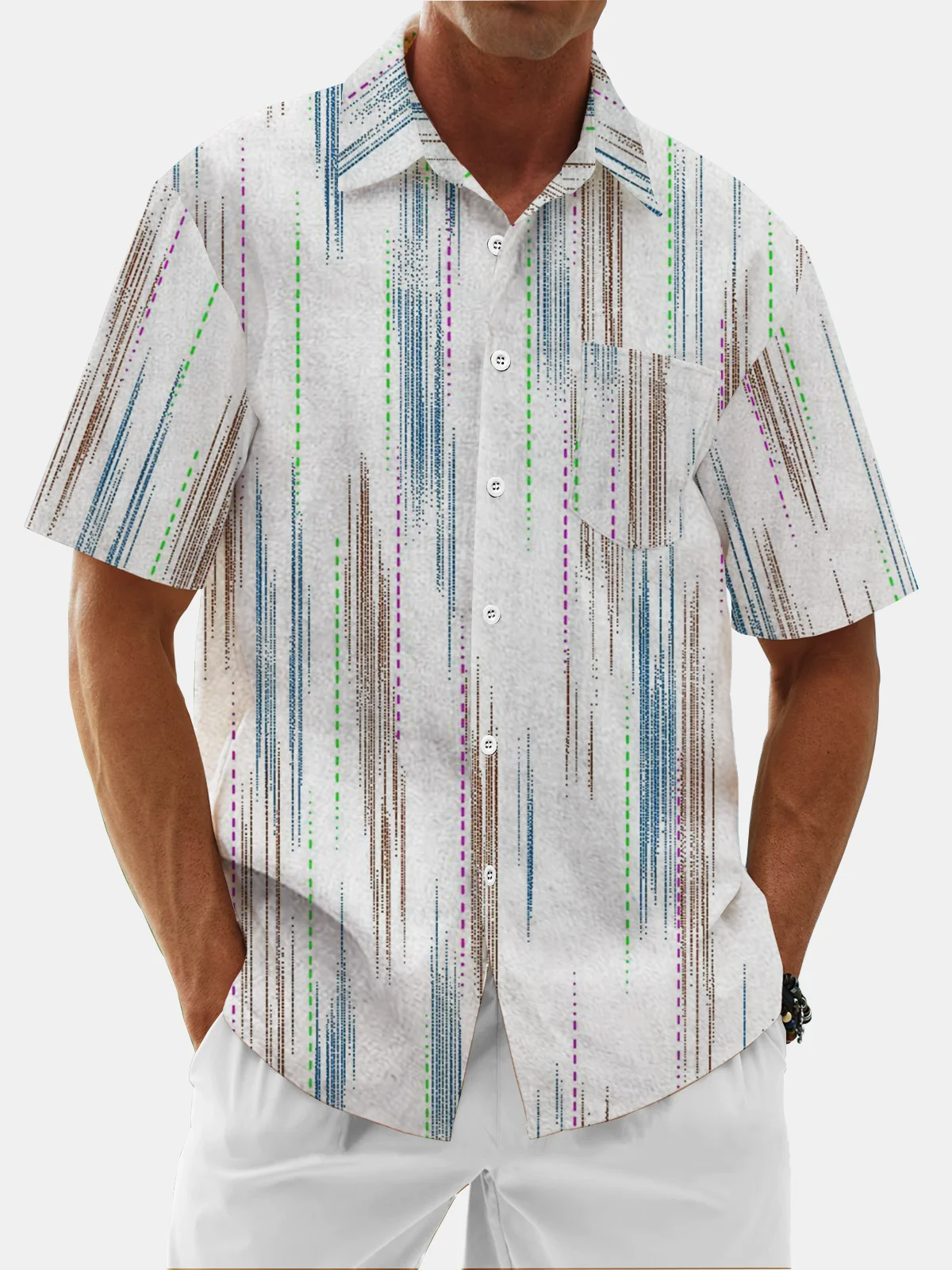 Moisture Wicking Geometric Lines Chest Pocket Hawaiian Shirt