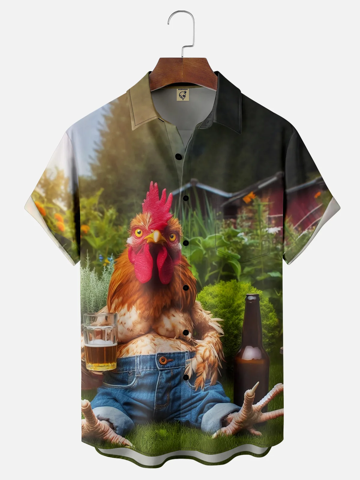Moisture-wicking Rooster Beer Funny Chest Pocket Casual Shirt