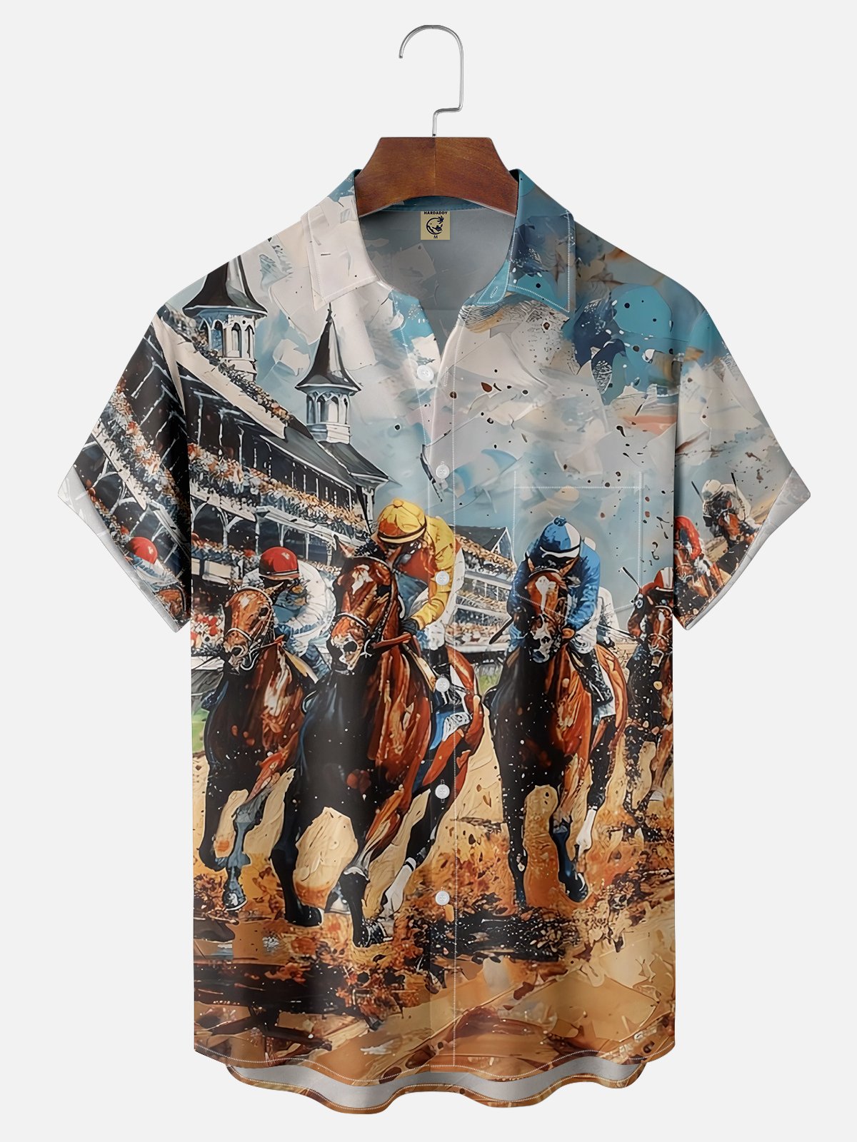 Men's Kentucky Derby Attire Moisture-wicking Horse Racing Festival Art Oil Painting Chest Pocket Casual Shirt