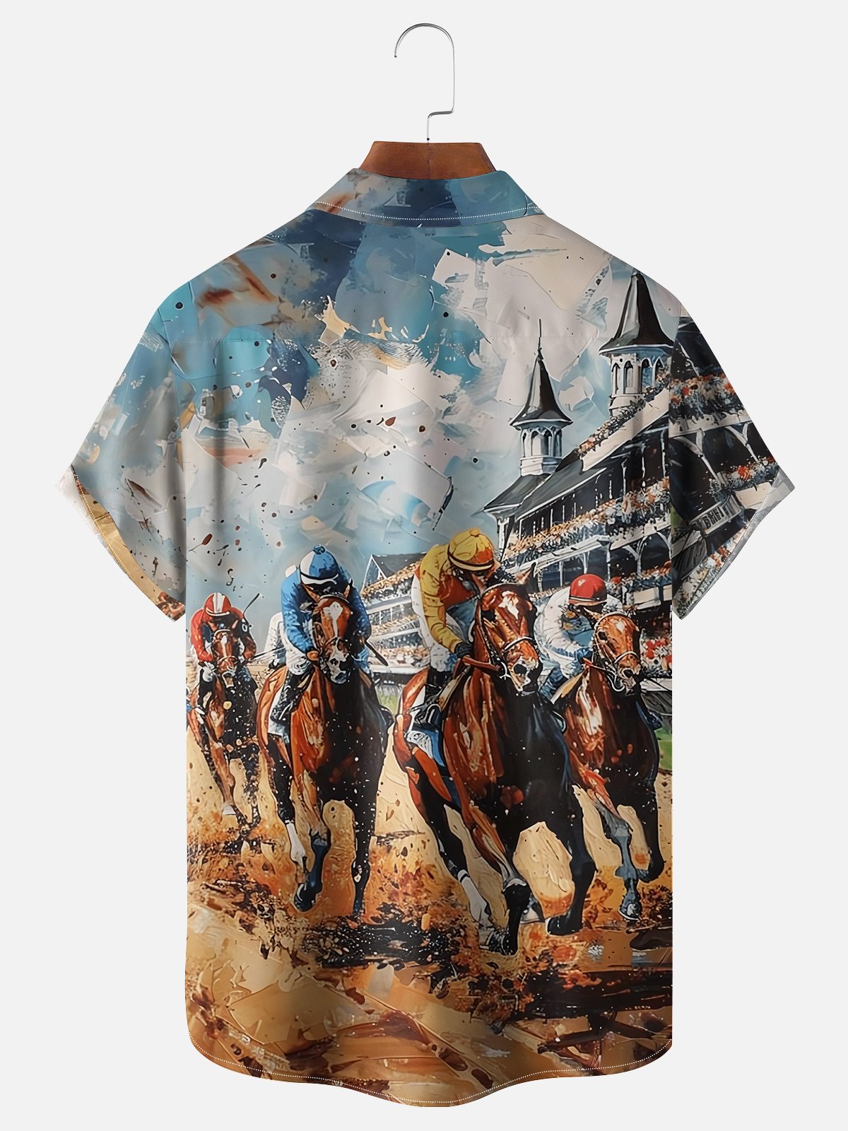 Men's Kentucky Derby Attire Moisture-wicking Horse Racing Festival Art Oil Painting Chest Pocket Casual Shirt