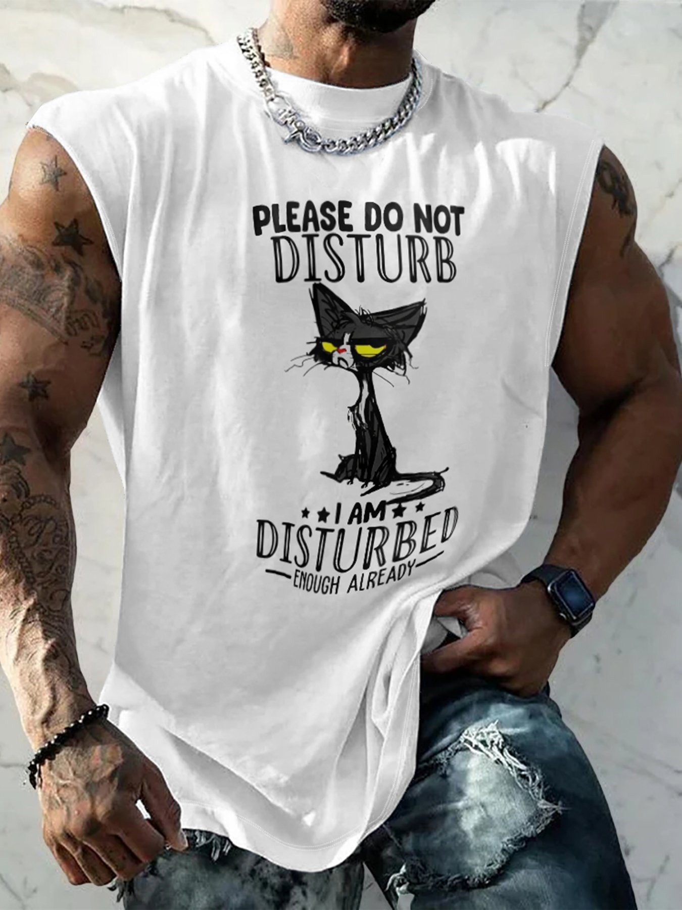 Mens Crewneck Tank Tops Disturbed Cat Beach Sleeveless Shirt