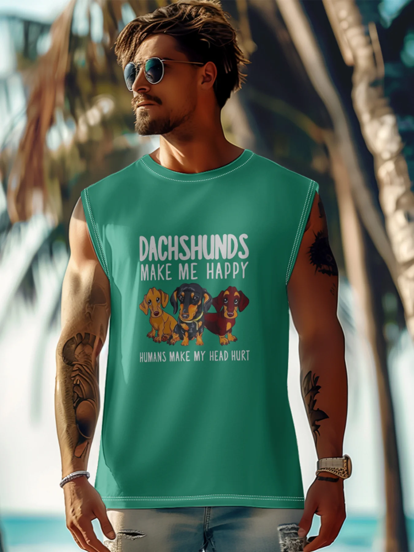 Mens Crewneck Tank Tops Dachshund Beach Sleeveless Shirt