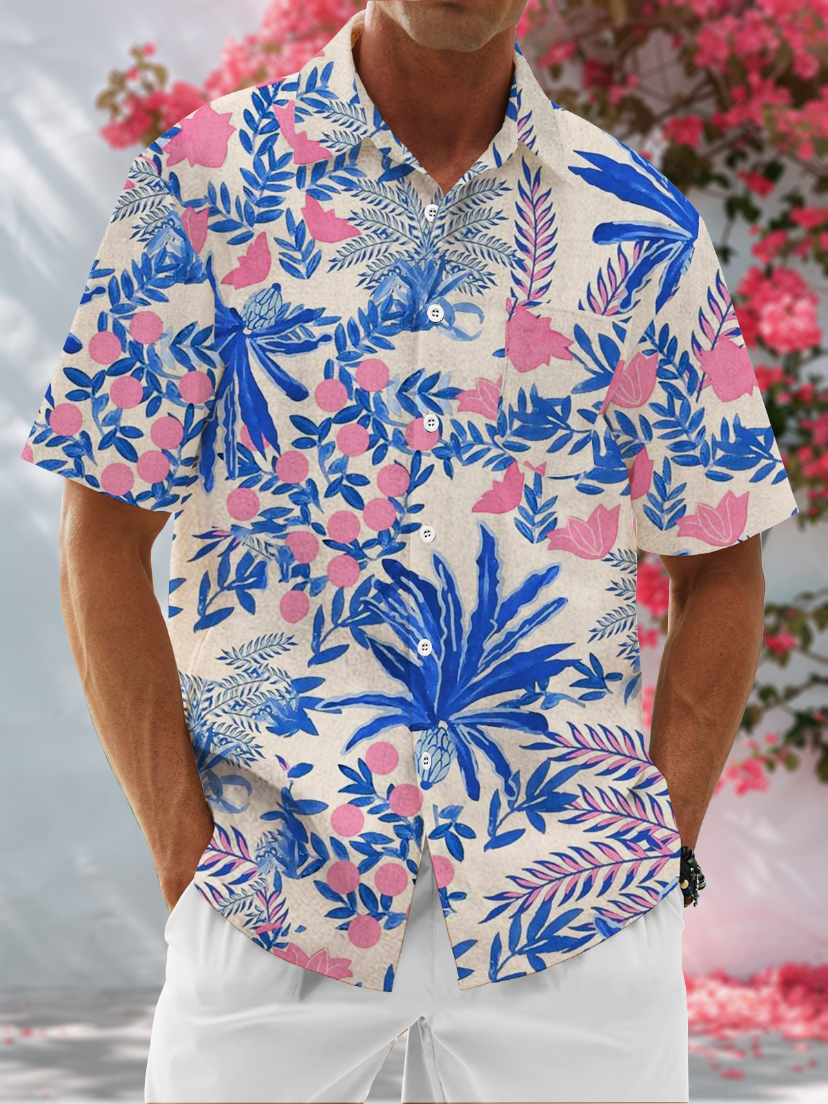 Moisture Wicking Floral Chest Pocket Hawaiian Shirt