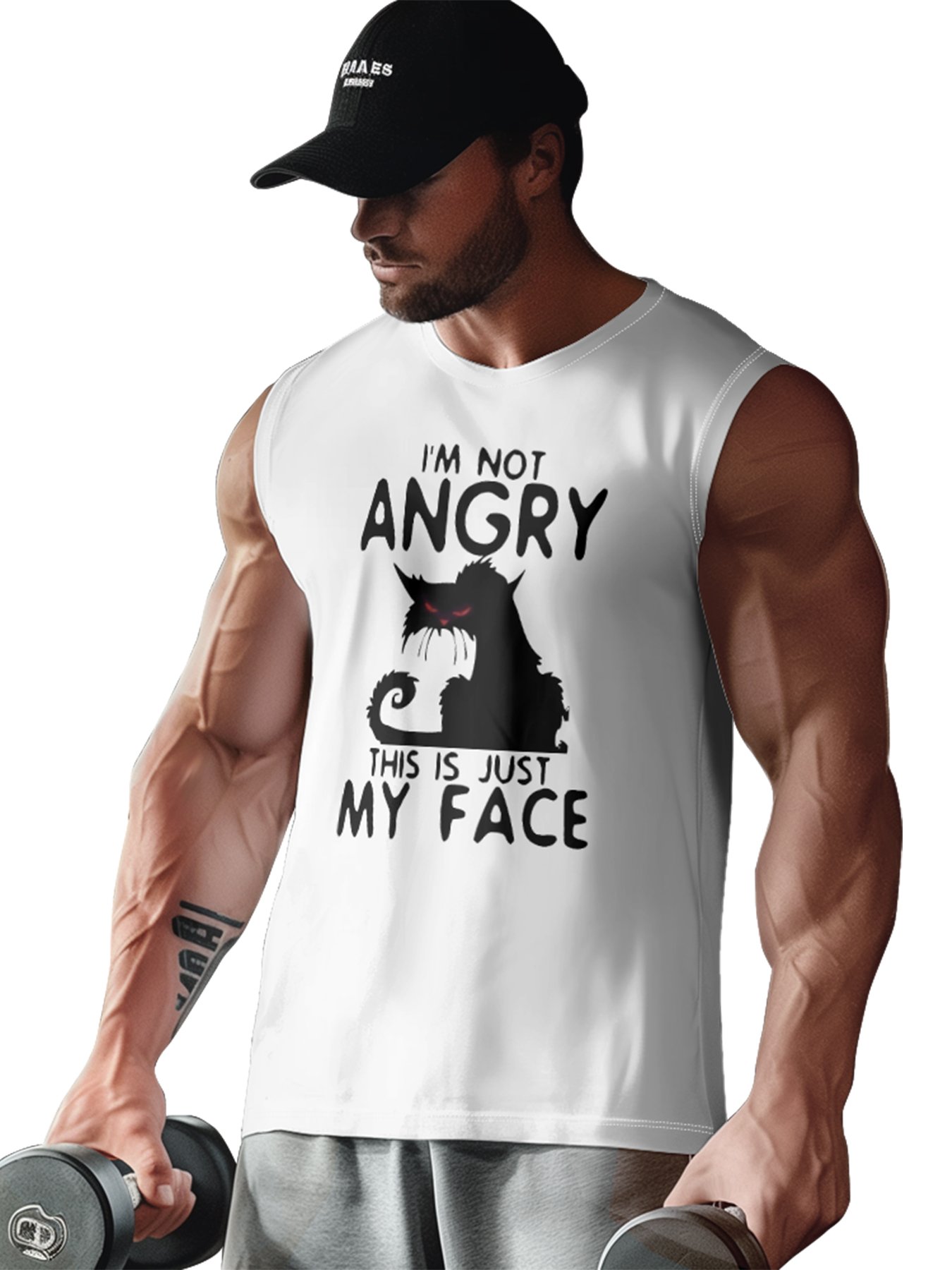 Mens Crewneck Tank Tops Angry Cat Beach Sleeveless Shirt