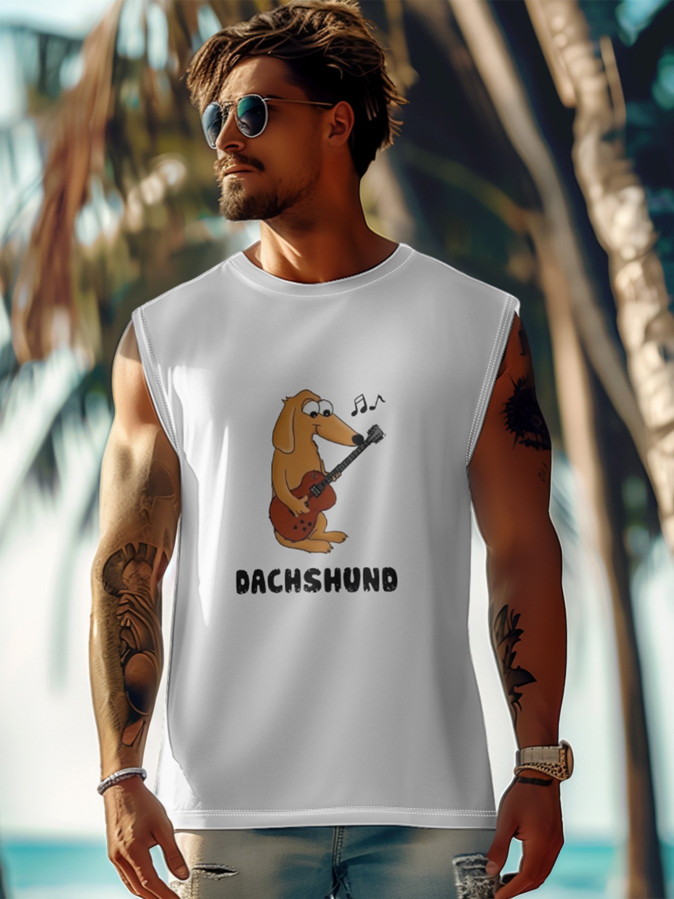 Mens Crewneck Tank Tops Dachshund Play Guitar Beach Sleeveless Shirt