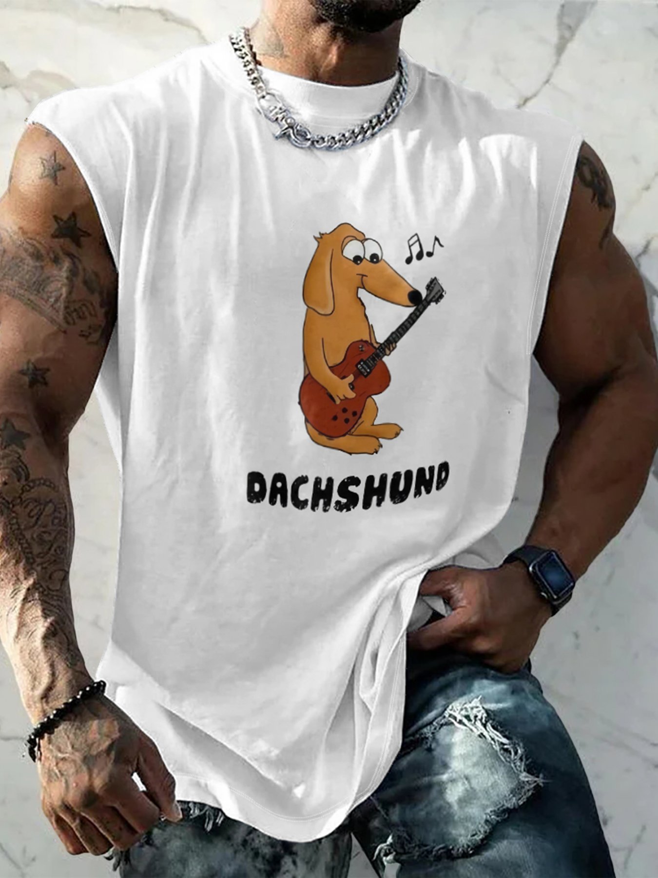 Mens Crewneck Tank Tops Dachshund Play Guitar Beach Sleeveless Shirt