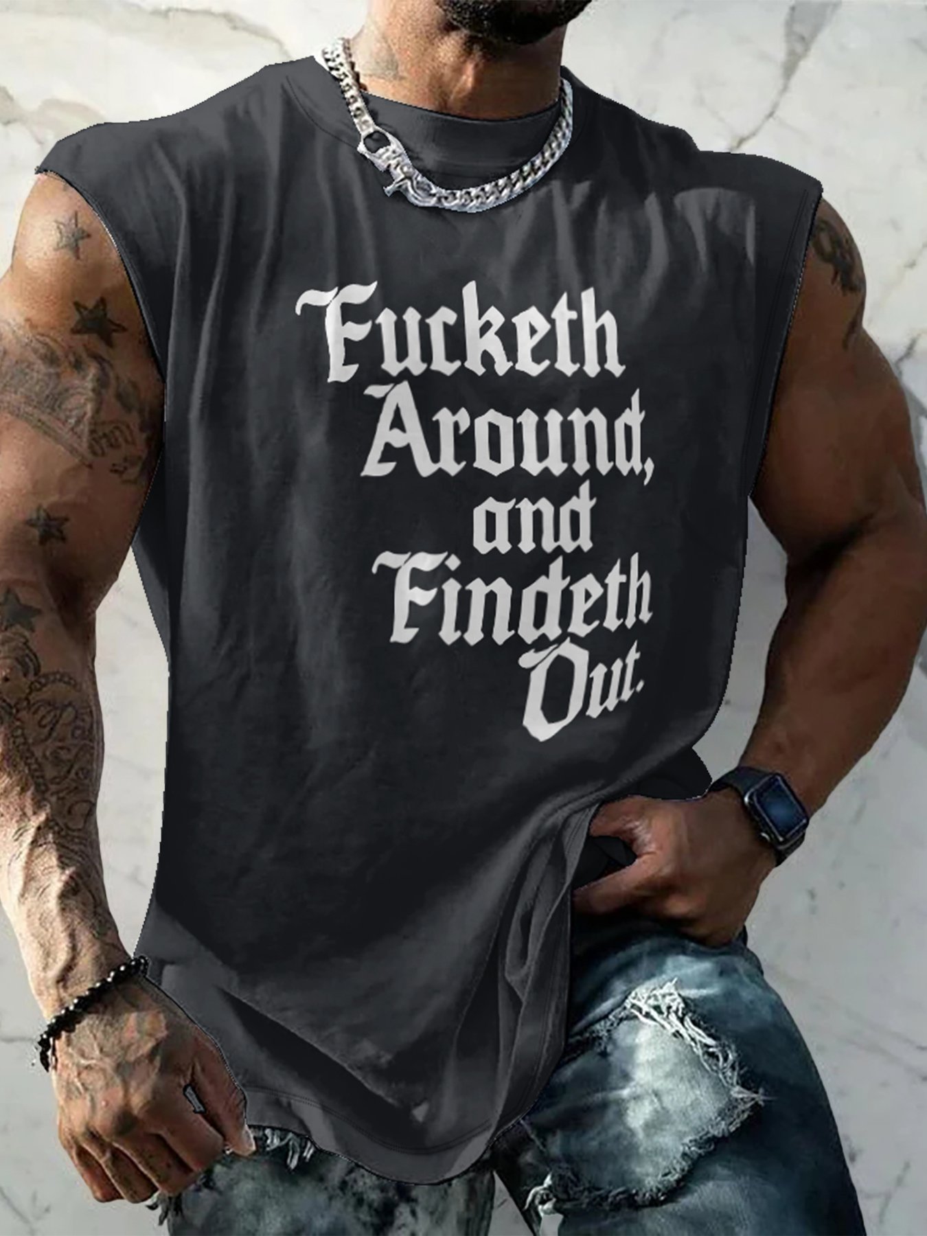 Mens Crewneck Tank Tops Fucketh Around and Findeth Out Beach Sleeveless Shirt