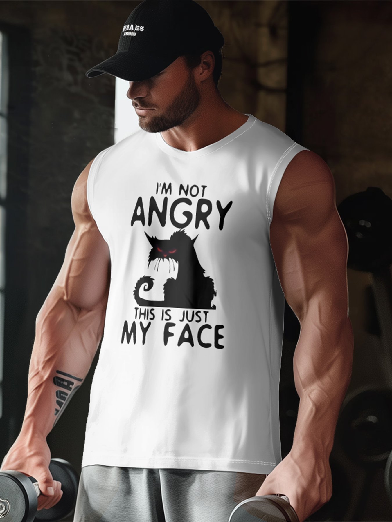 Mens Crewneck Tank Tops Angry Cat Beach Sleeveless Shirt