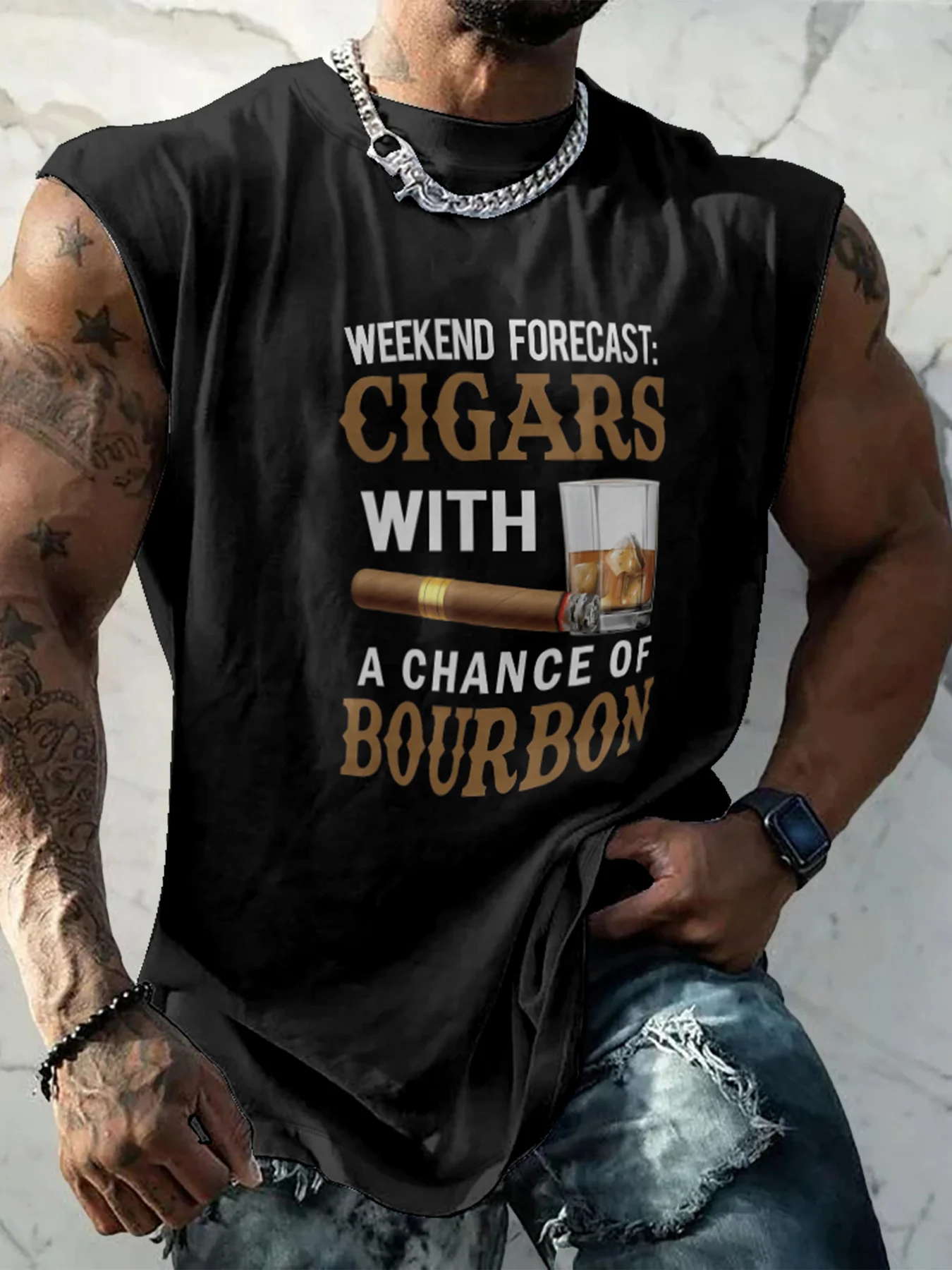 Mens Crewneck Tank Tops Cigars with a Chance of Bourbon Beach Sleeveless Shirt