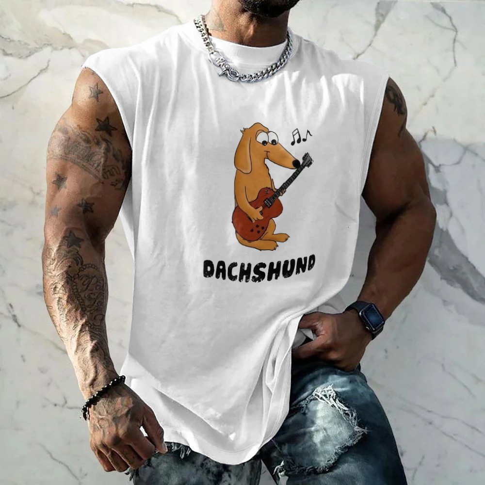 Mens Crewneck Tank Tops Dachshund Play Guitar Beach Sleeveless Shirt