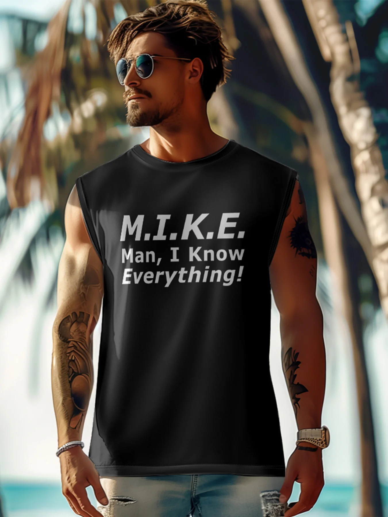 Mens Crewneck Tank Tops M.I.K.E Man I Know Everything Beach Sleeveless Shirt