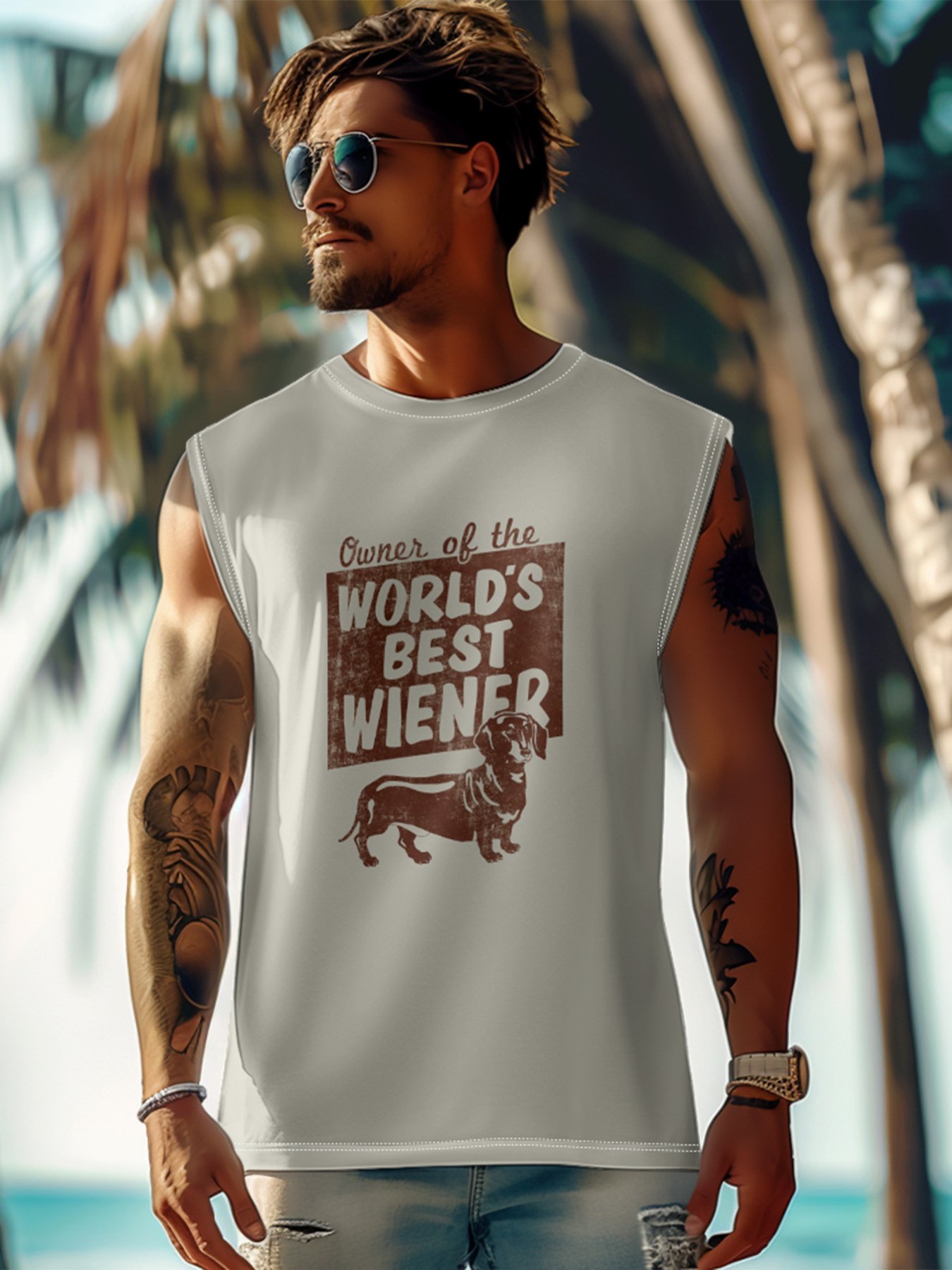 Mens Crewneck Tank Tops World‘s Best Wiener Dog Dachshund Beach Sleeveless Shirt