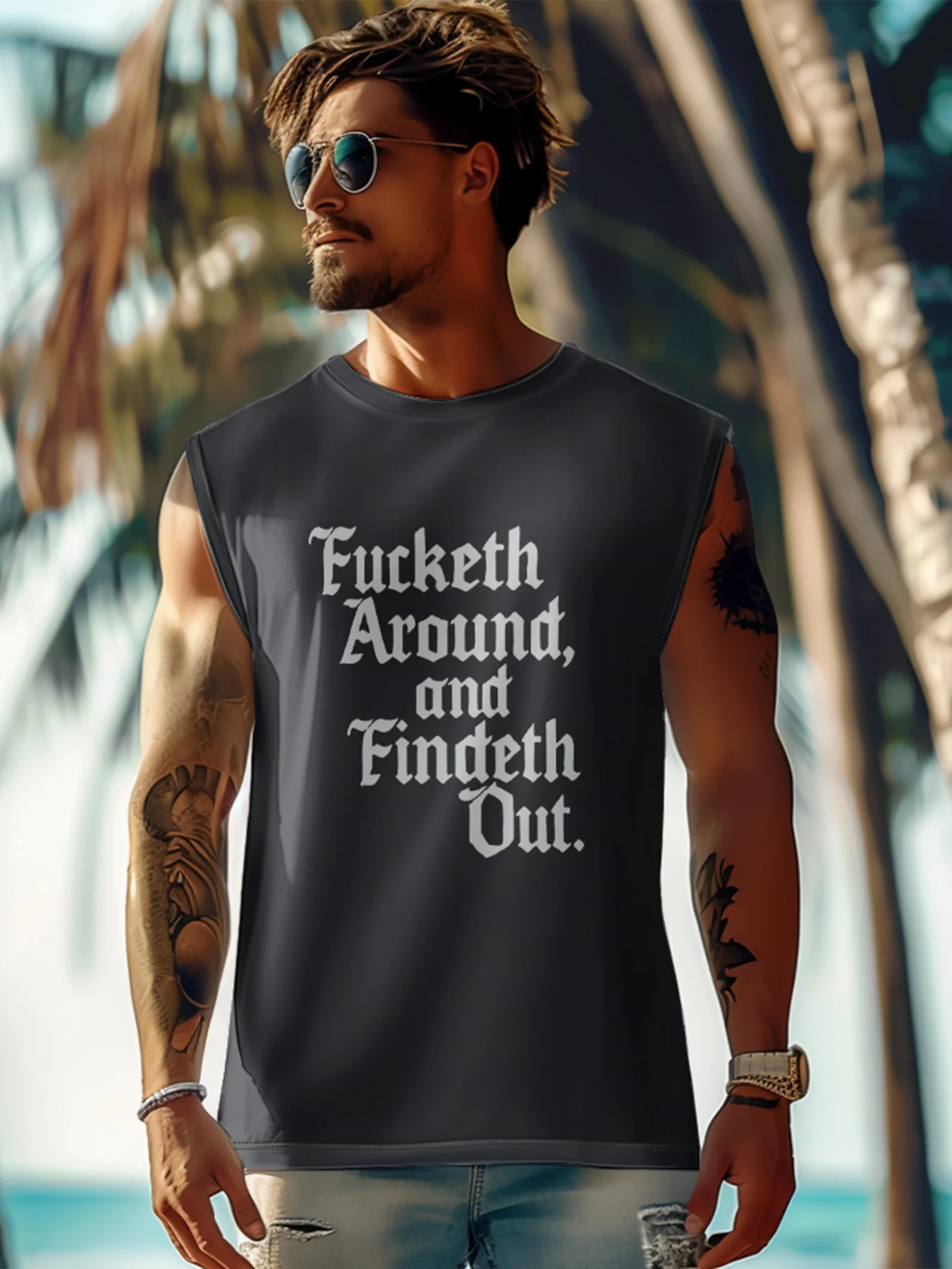 Mens Crewneck Tank Tops Fucketh Around and Findeth Out Beach Sleeveless Shirt