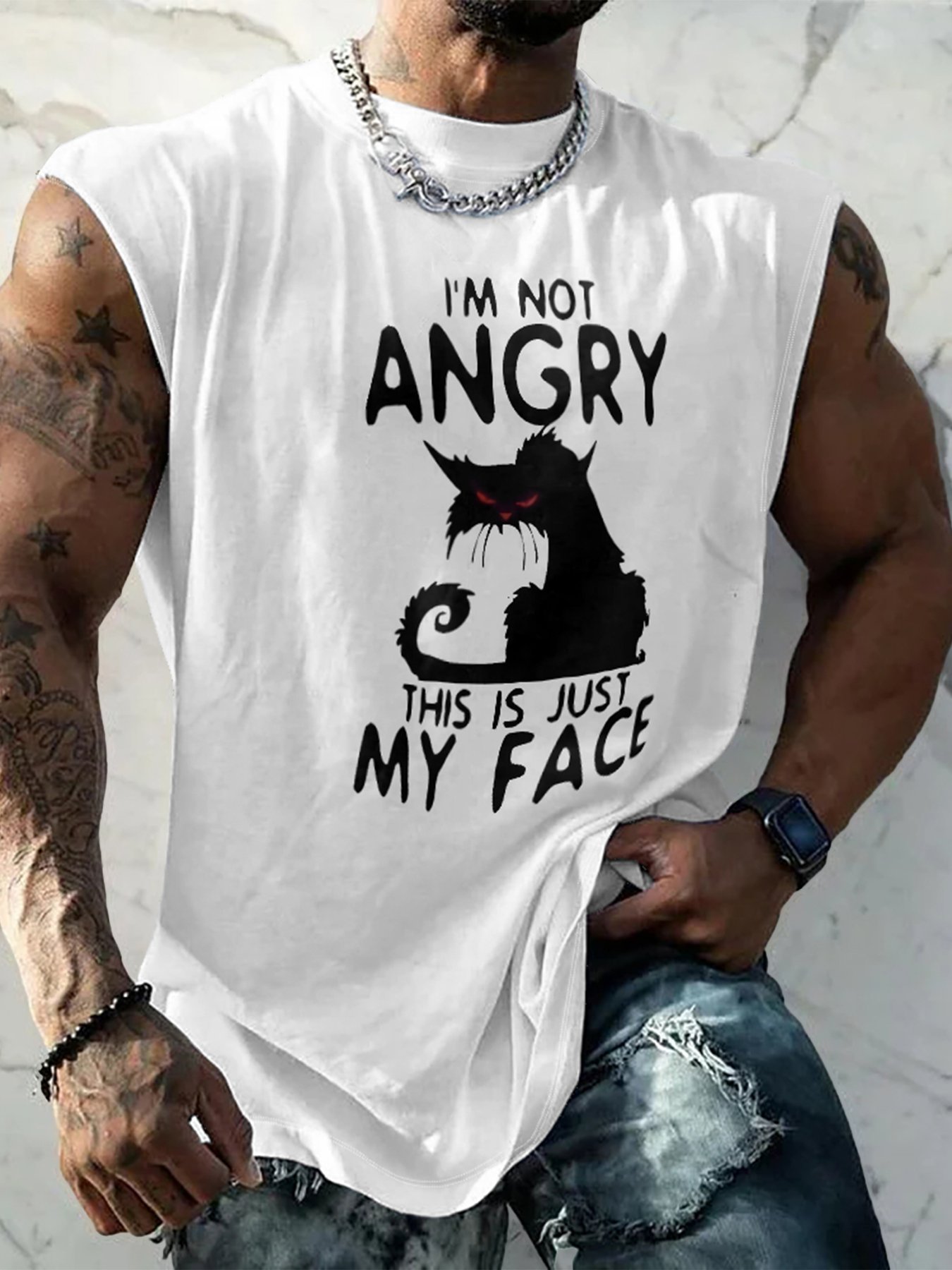 Mens Crewneck Tank Tops Angry Cat Beach Sleeveless Shirt