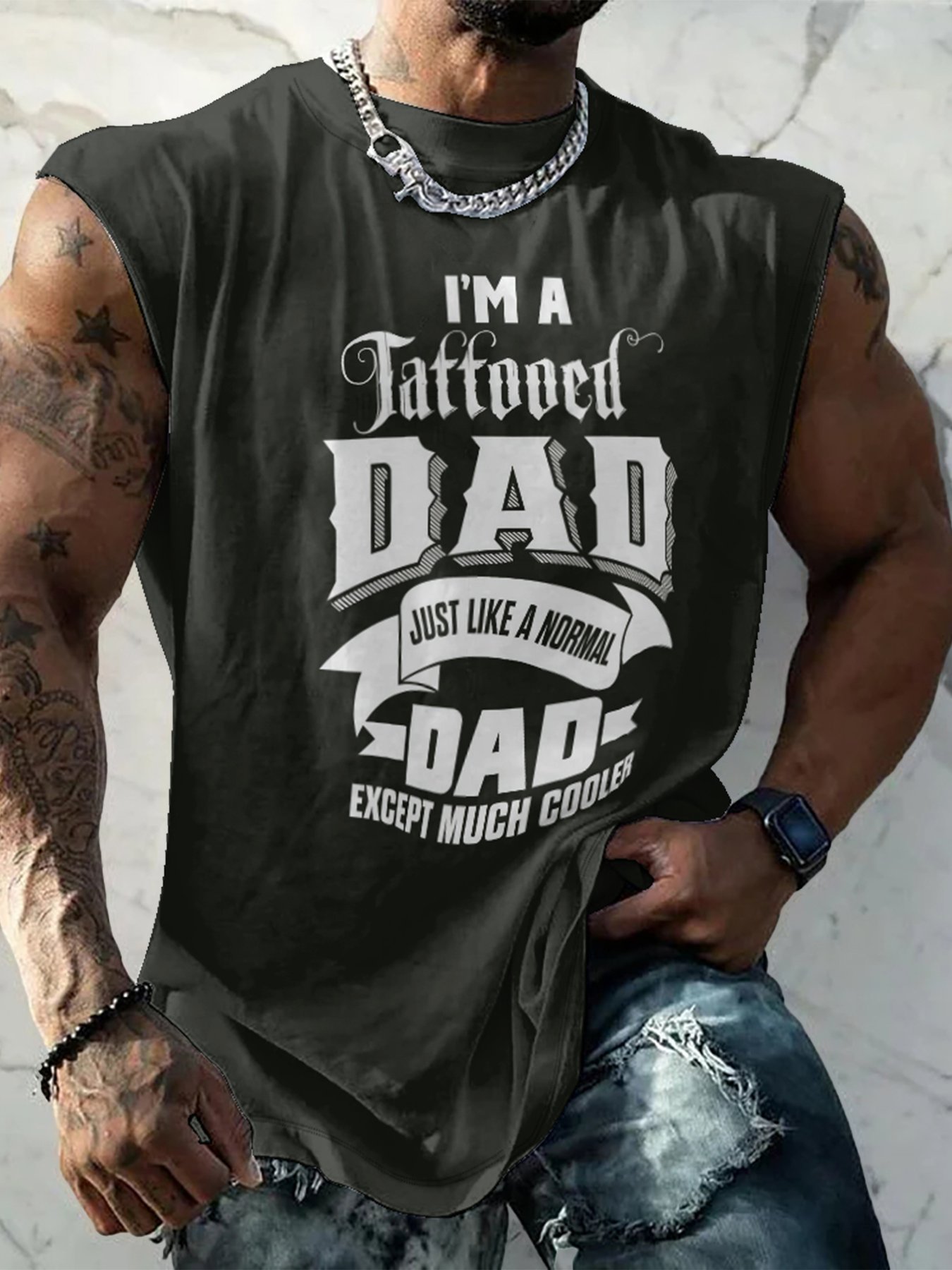 Mens Crewneck Tank Tops Dad Tattoo Beach Sleeveless Shirt