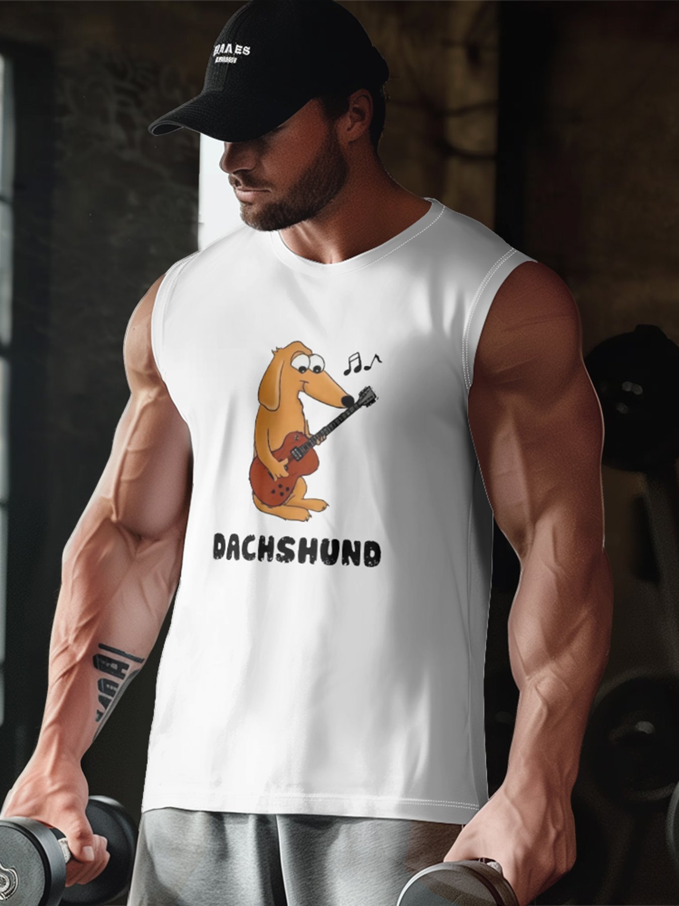 Mens Crewneck Tank Tops Dachshund Play Guitar Beach Sleeveless Shirt