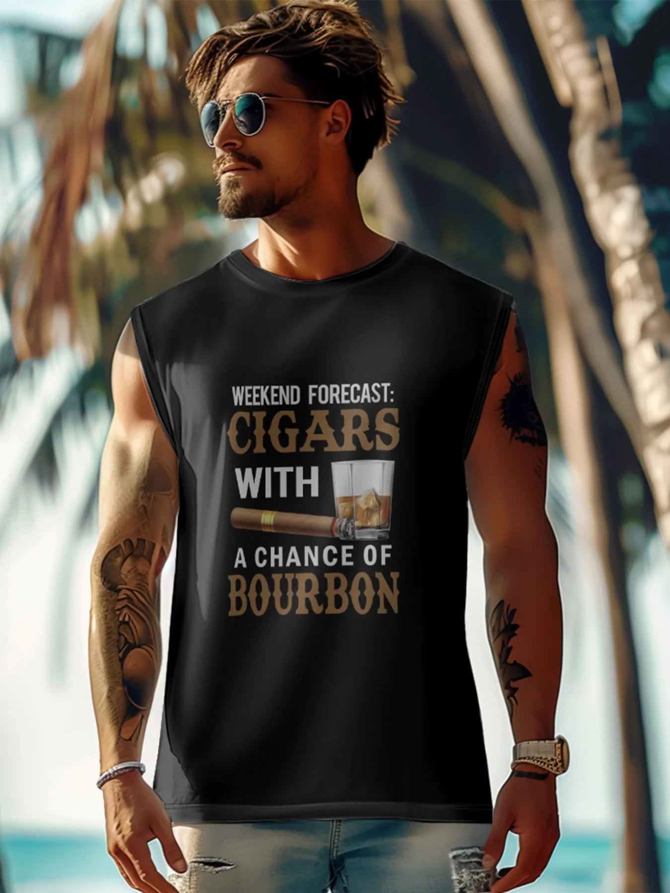Mens Crewneck Tank Tops Cigars with a Chance of Bourbon Beach Sleeveless Shirt