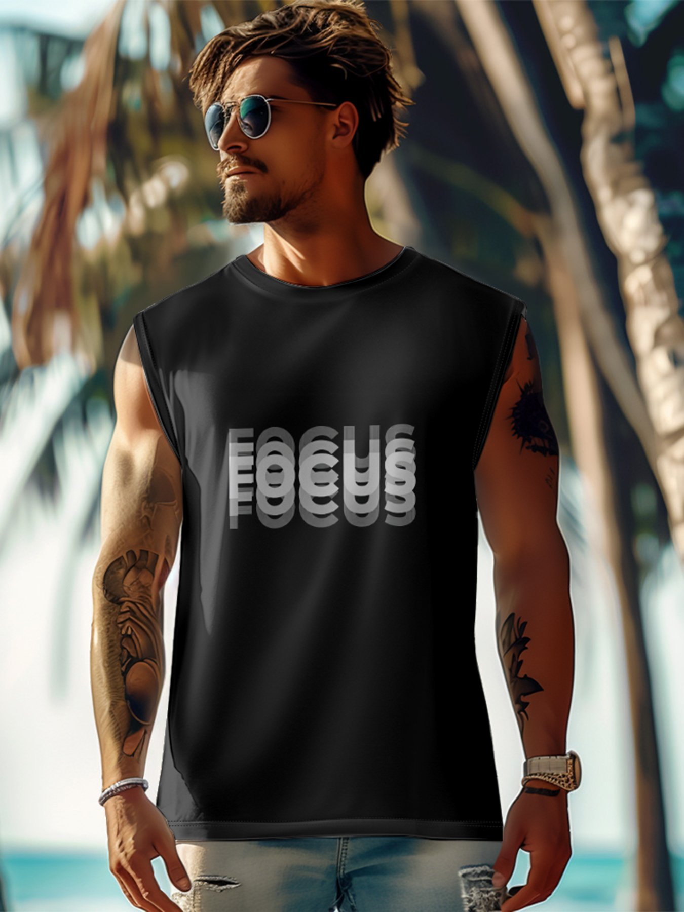 Mens Crewneck Tank Tops Focus Gradient Beach Sleeveless Shirt