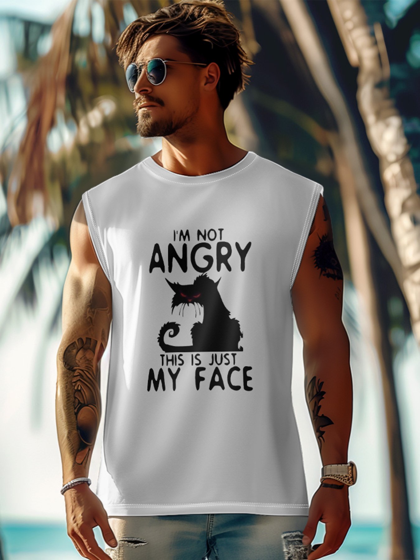 Mens Crewneck Tank Tops Angry Cat Beach Sleeveless Shirt