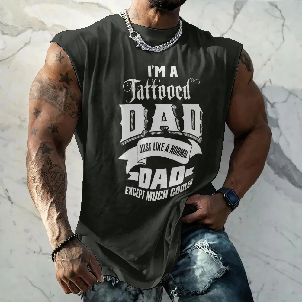 Mens Crewneck Tank Tops Dad Tattoo Beach Sleeveless Shirt