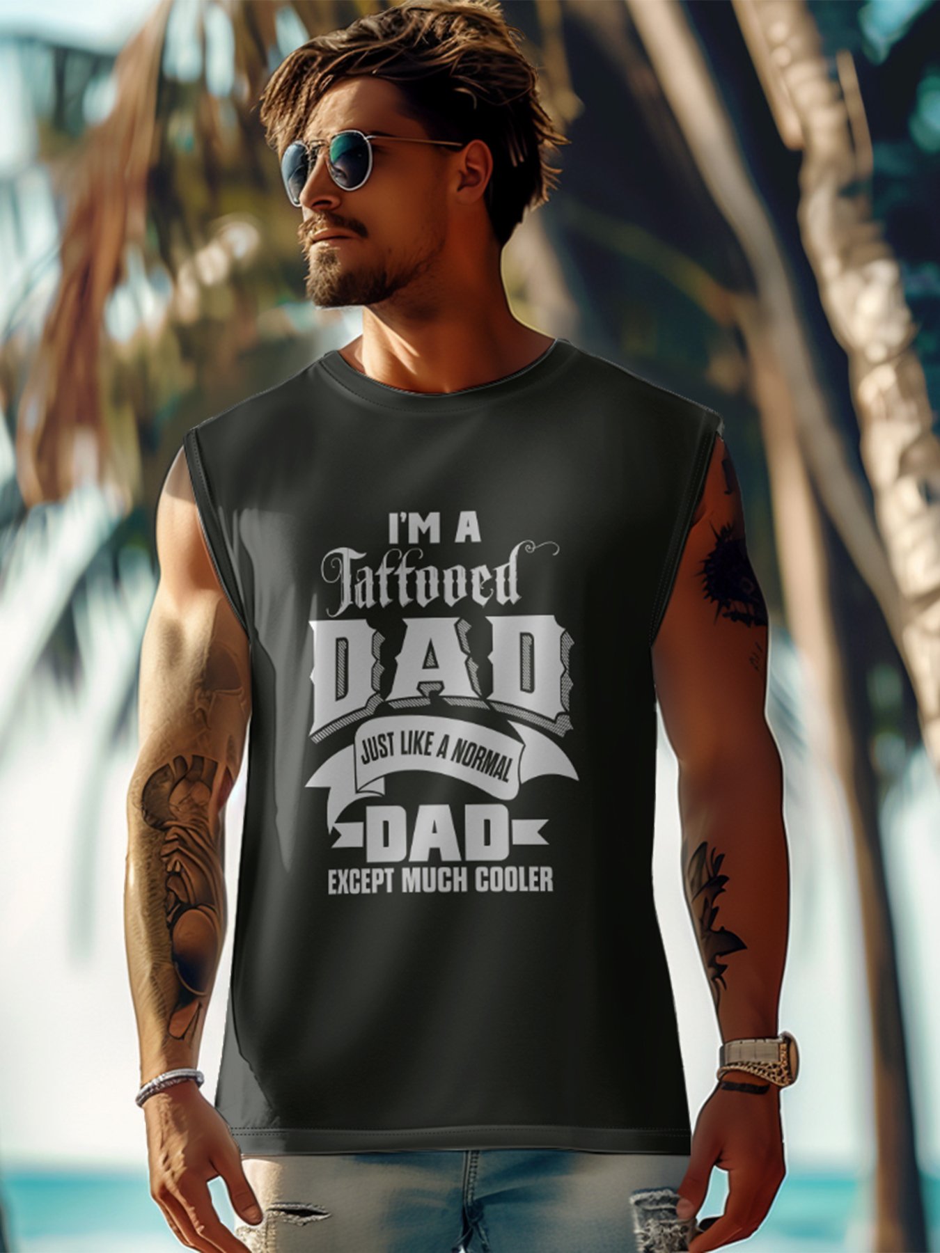 Mens Crewneck Tank Tops Dad Tattoo Beach Sleeveless Shirt