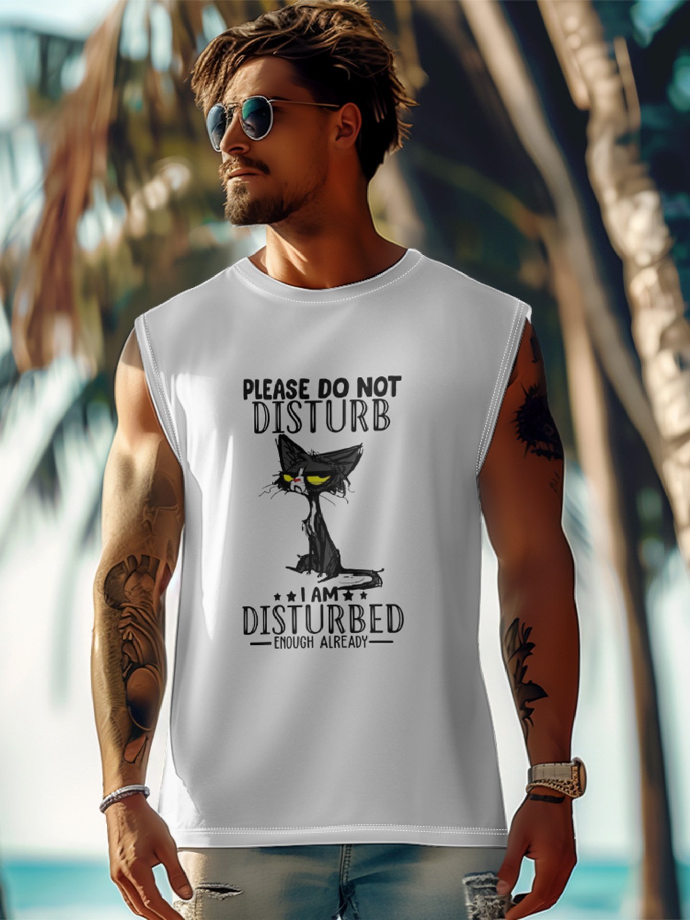 Mens Crewneck Tank Tops Disturbed Cat Beach Sleeveless Shirt
