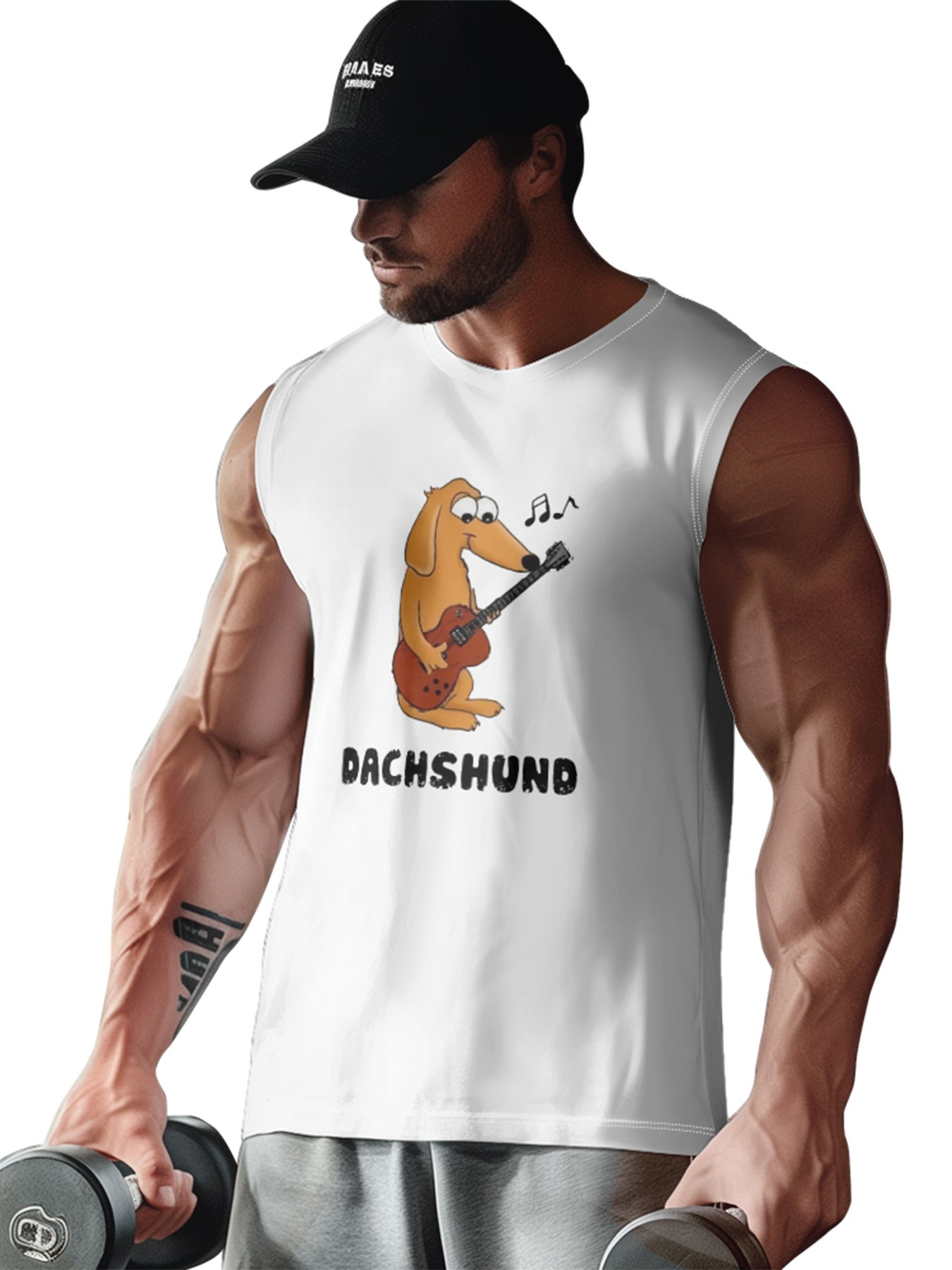 Mens Crewneck Tank Tops Dachshund Play Guitar Beach Sleeveless Shirt