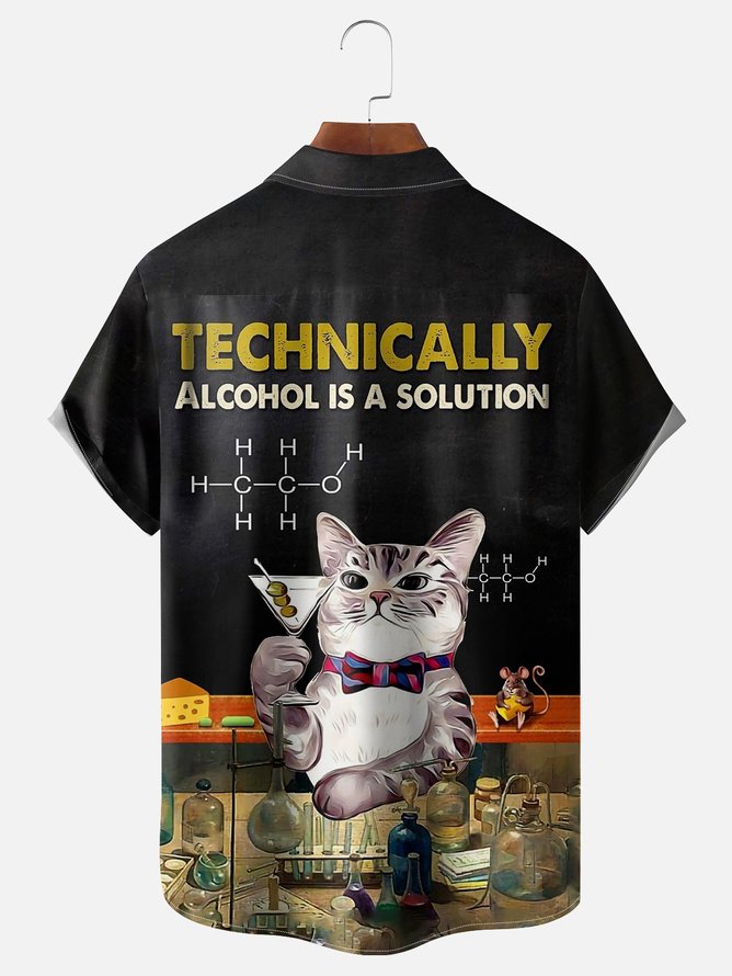 Tall Size Moisture-wicking Chemistry Cat Bartender Cocktail Chest Pocket Hawaiian Shirt