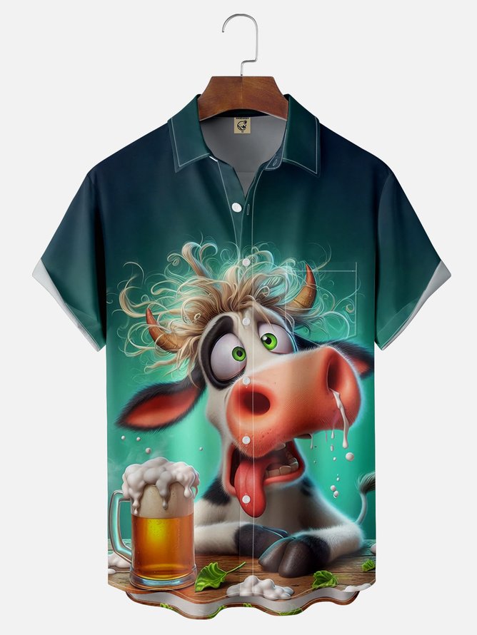 Tall Size Moisture Wicking Cow Beer Chest Pocket Hawaiian Shirt