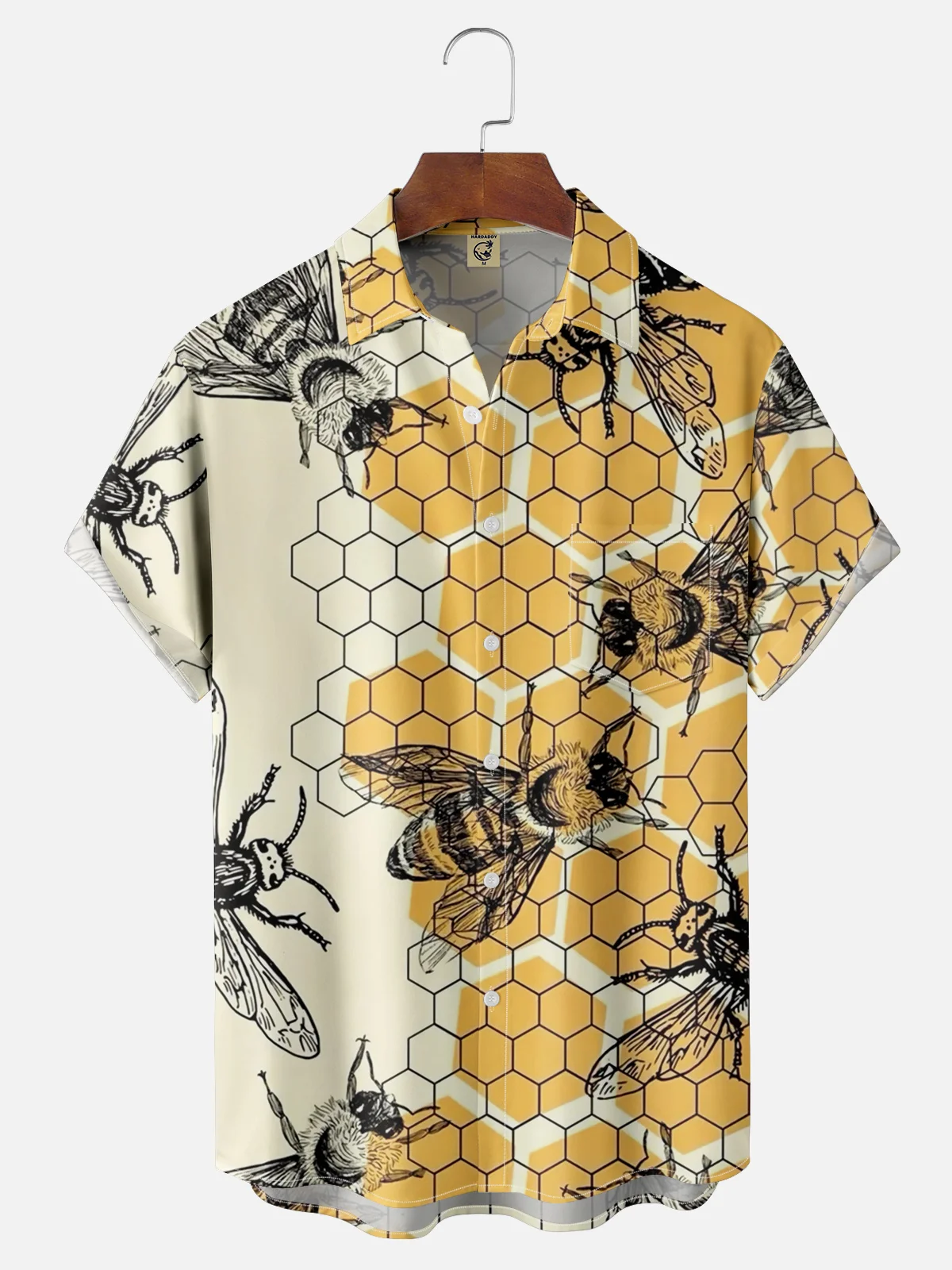 Tall Size Moisture-wicking Bee Art Illustration Chest Pocket Hawaiian Shirt
