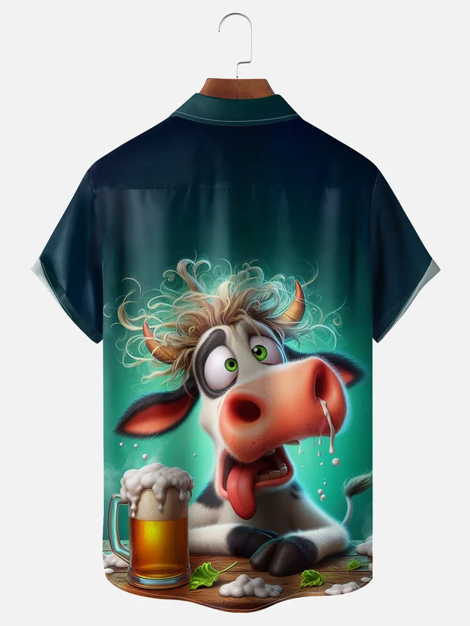 Tall Size Moisture Wicking Cow Beer Chest Pocket Hawaiian Shirt