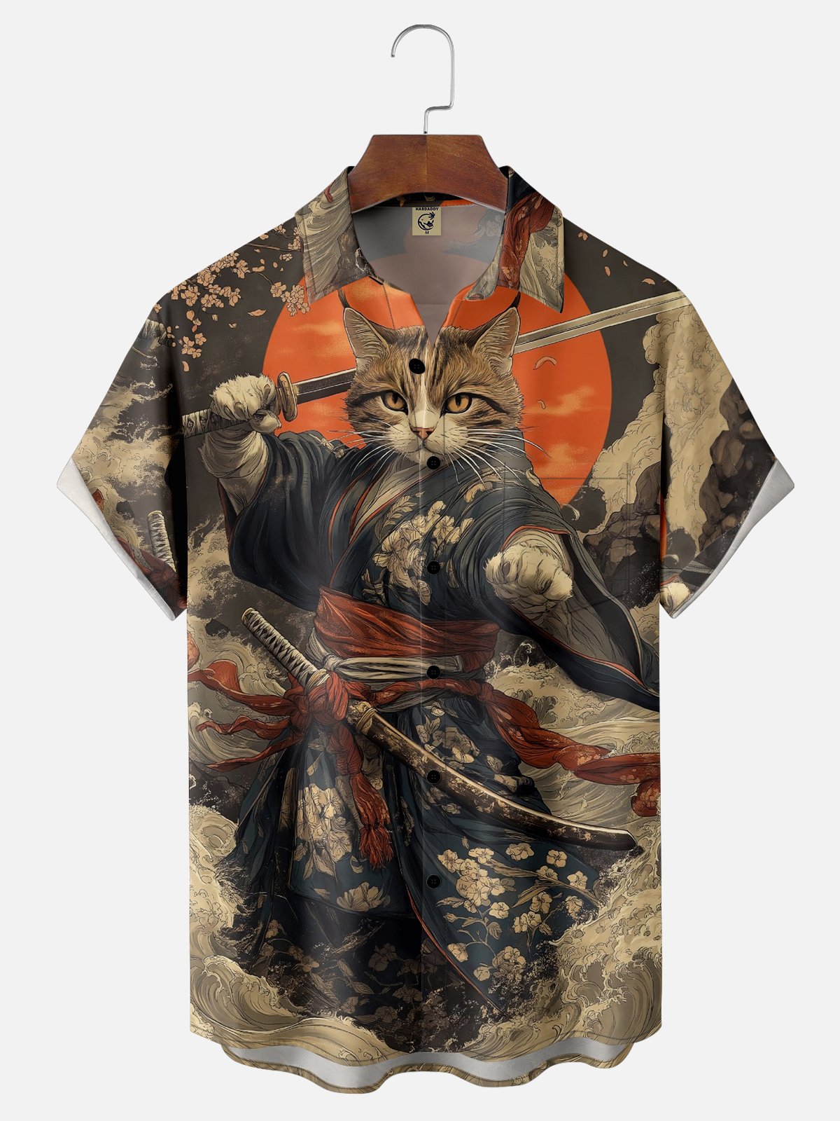 Moisture-wicking Cat Samurai Sakura Wave Chest Pocket Casual Shirt