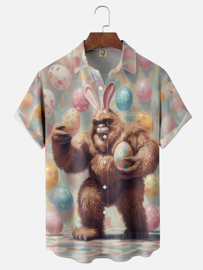 Tall Size Moisture-wicking Easter Bigfoot Bunny Chest Pocket Casual Shirt