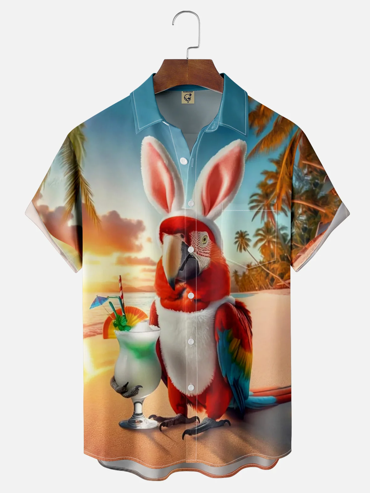 Moisture-wicking Happy Easter Parrot Bunny Cocktail Water Beach Chest Pocket Casual Shirt