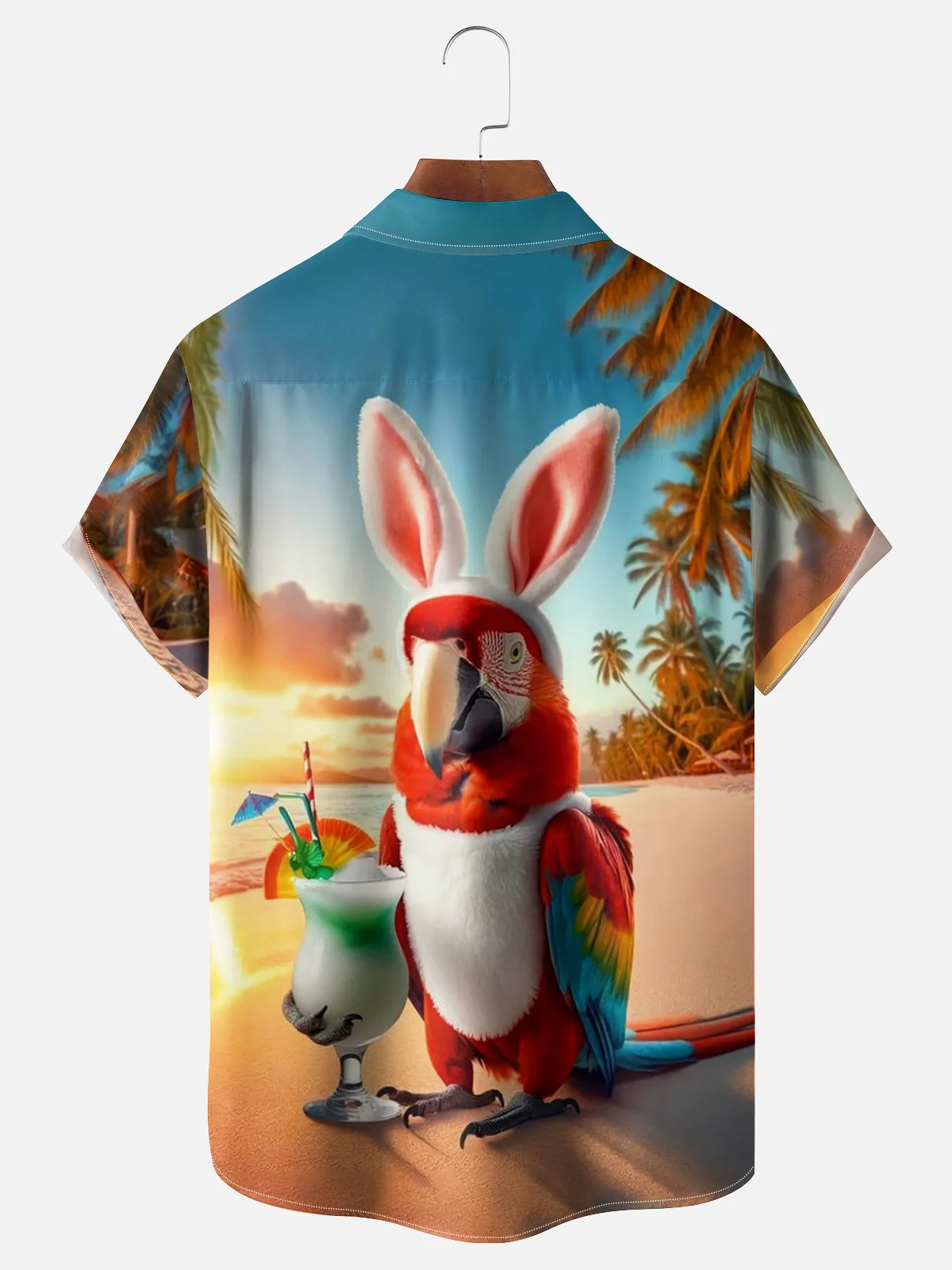 Moisture-wicking Happy Easter Parrot Bunny Cocktail Water Beach Chest Pocket Casual Shirt