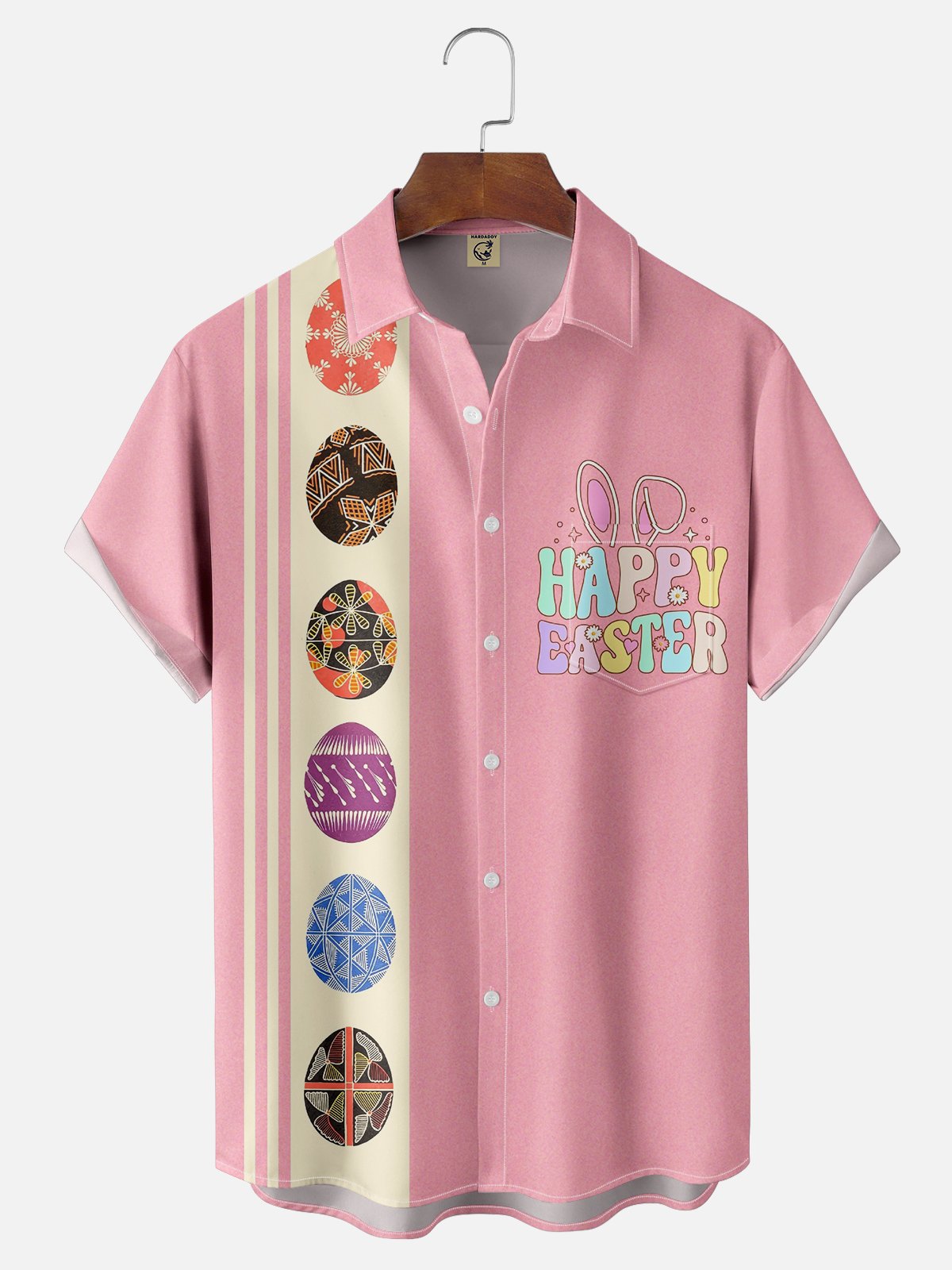 Moisture-wicking Happy Easter Classic Vintage Egg Art Chest Pocket Bowling Shirt